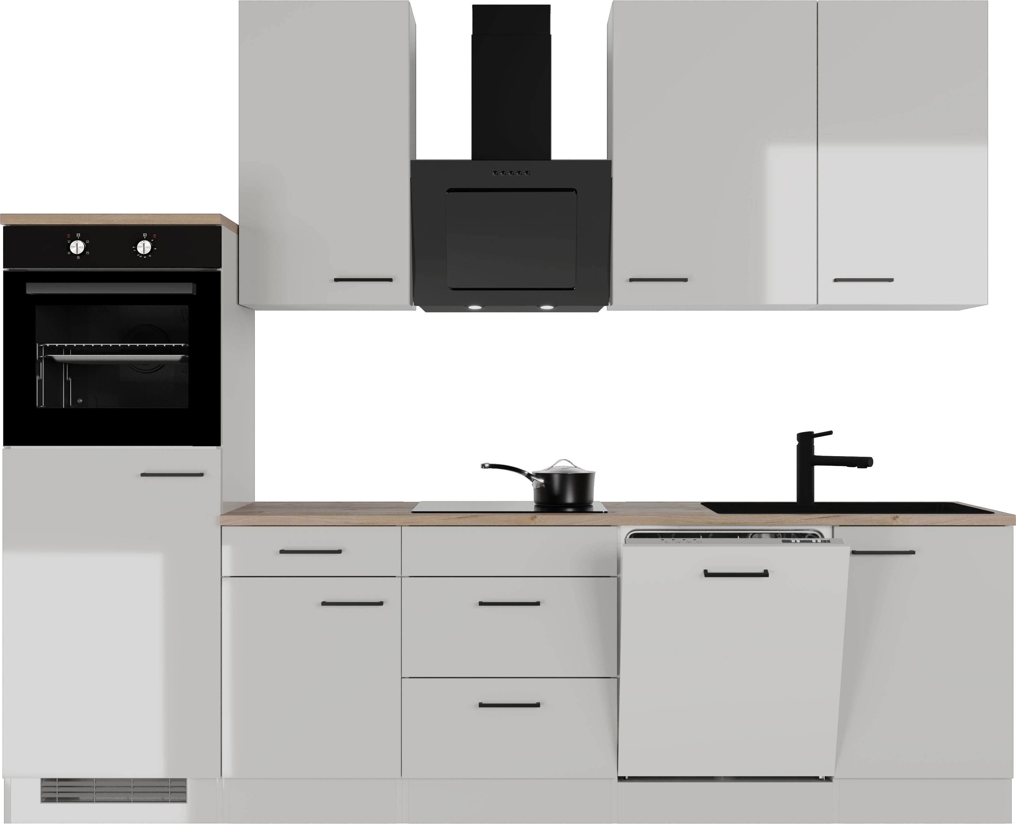 Flex-Well Küche "Lund" wahlweise mit E-Geräten, Breite 280 cm, glänzende Fronten küche: grau, front: lichtgrau glänzend, korpus: rauchgrau, arbeitsplatte: cosmopolitan eiche - Rabatt: 49 % Einbauküchen und Küchenzeilen Produktbild