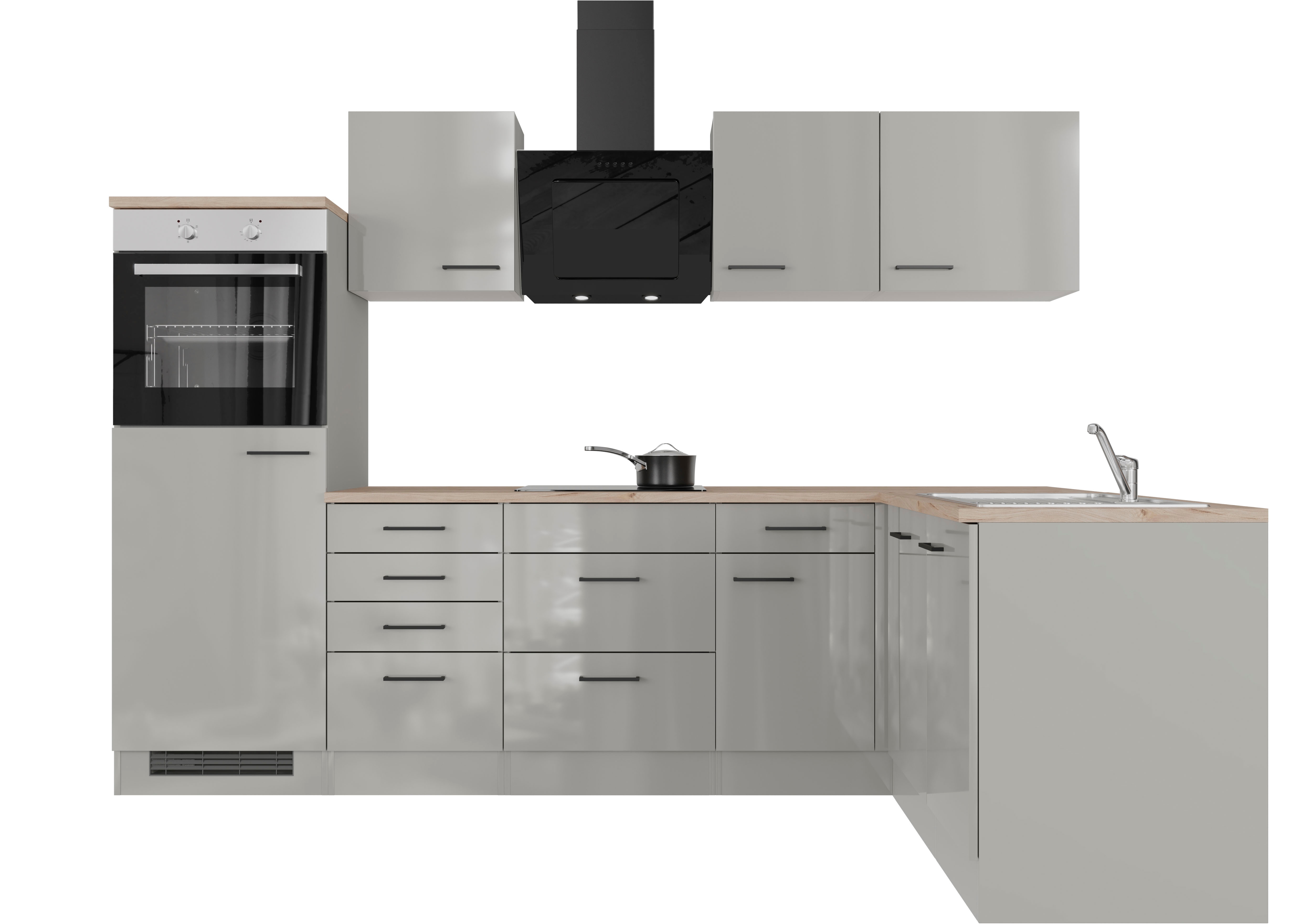 Flex-Well Küche "Lund" wahlweise mit E-Geräten, Stellbreite 280x170 cm küche: grau, front: lichtgrau glänzend, korpus: rauchgrau, arbeitsplatte: cosmopolitan eiche - Rabatt: 32 % Einbauküchen und Küchenzeilen online kaufen
