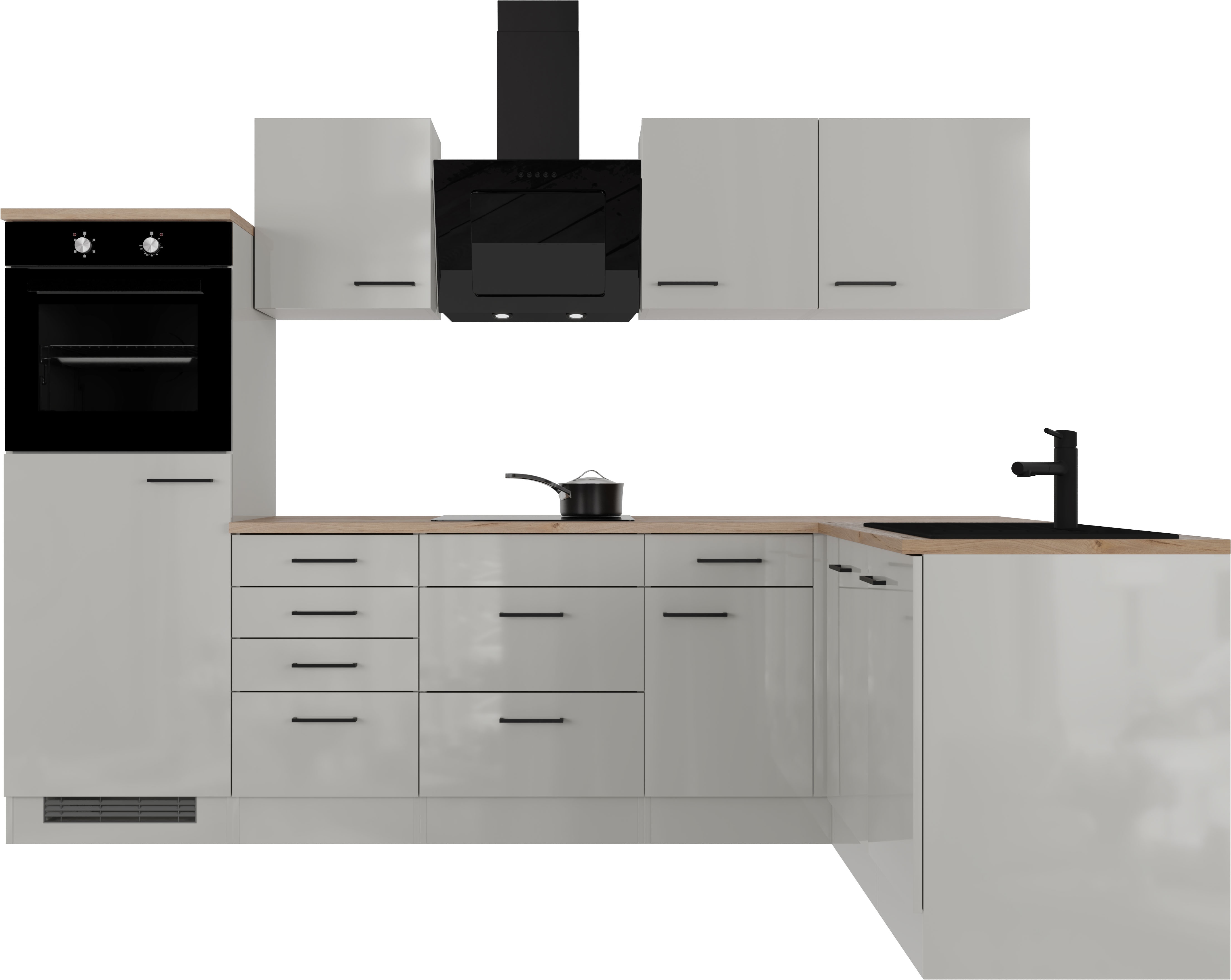 Flex-Well Küche "Lund" wahlweise mit E-Geräten, Stellbreite 280x170 cm küche: grau, front: lichtgrau glänzend, korpus: rauchgrau, arbeitsplatte: cosmopolitan eiche - Rabatt: 48 % Einbauküchen und Küchenzeilen online kaufen