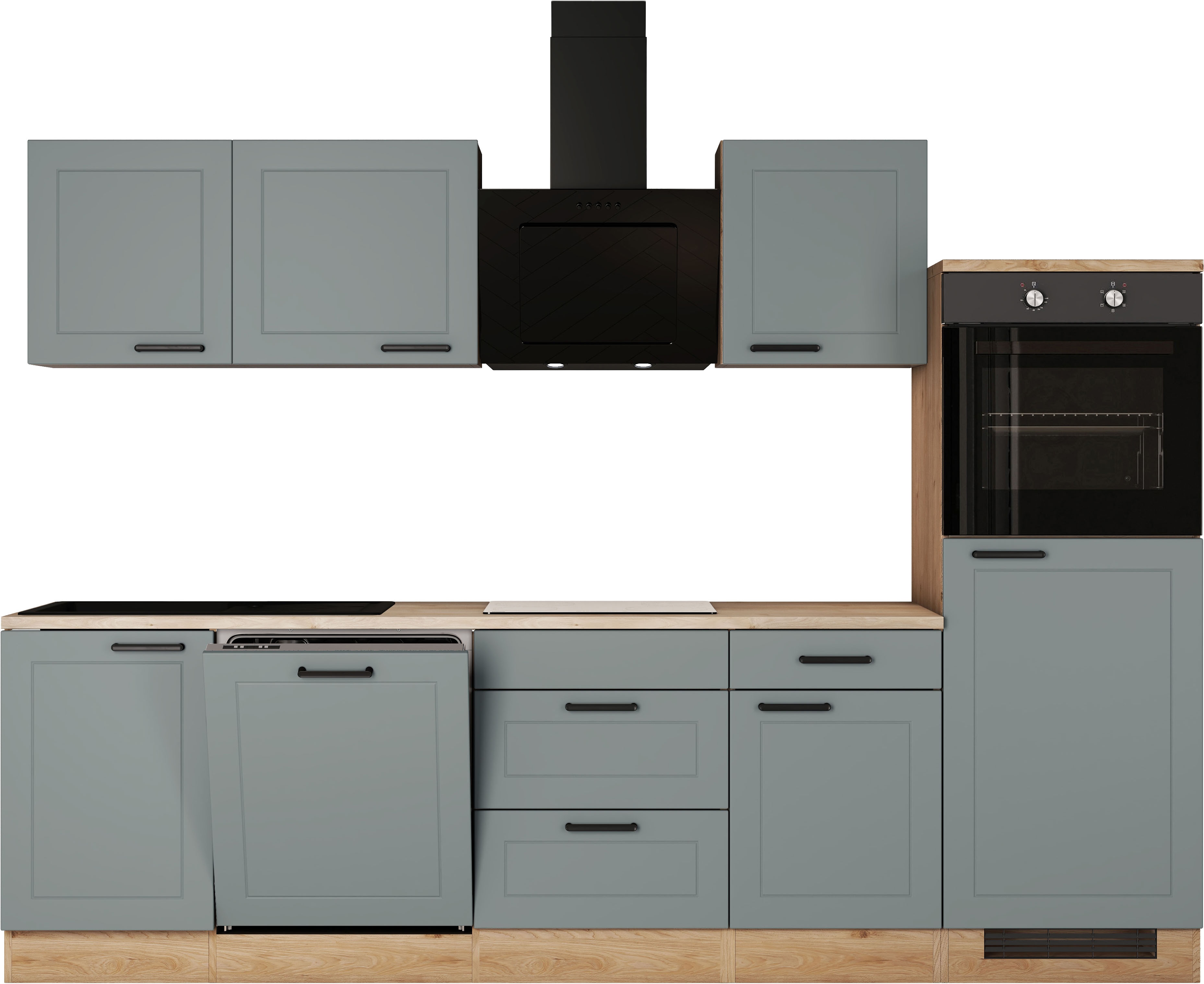 Flex-Well Küche "ROMEO&JULIA, Breite 280cm" wahlweise mit E-Geräten und Spüle in edelstahl oder schwarz küche: grün, front: salbeigrün, landhaus, front mit edler rillenoptik, korpus: cosmopolitan eiche, arbeitsplatte: cosmopolitan eiche - Rabatt: 23 % Einbauküchen und Küchenzeilen online kaufen