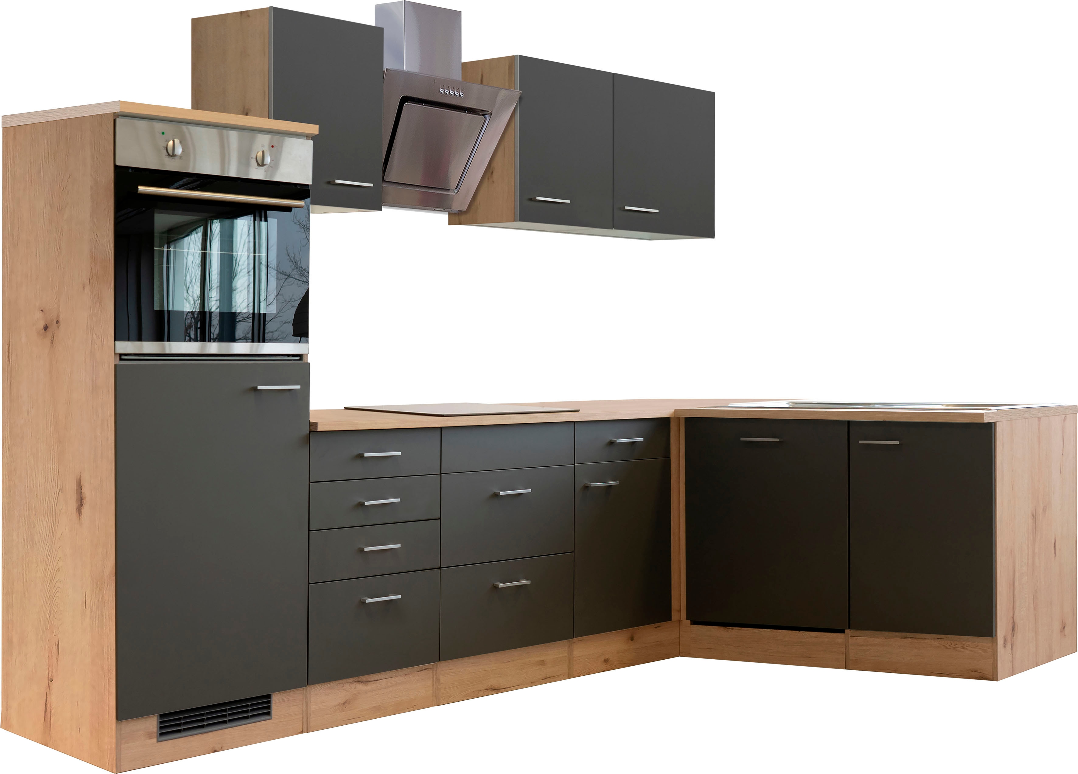 Flex-Well Küchenzeile "Morena" wahlweise mit E-Geräten, Gesamtbreite 280x170 cm küche: grau, front: basaltgrau, korpus: san remo eiche, arbeitsplatte: san remo eiche - Rabatt: 36 % Einbauküchen und Küchenzeilen online kaufen
