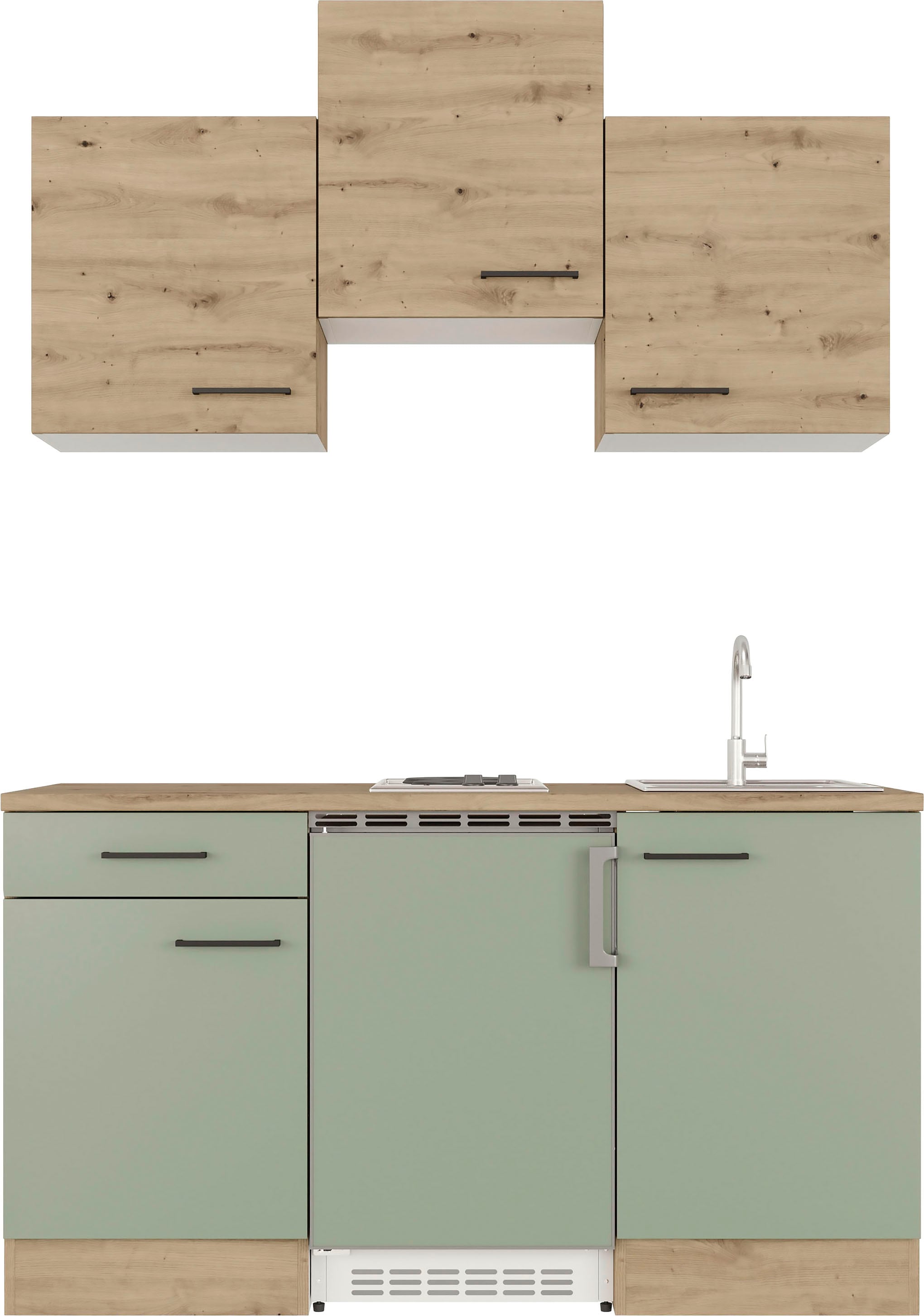 Flex-Well Pantryküche "Cara" mit E-Geräten, Gesamtbreite 150,5 cm, in weiten Farben erhältlich küche: grün, front: schilfgrün, artisan eiche, korpus: artisan eiche, arbeitsplatte: artisan eiche - Rabatt: 44 % Einbauküchen und Küchenzeilen online kaufen