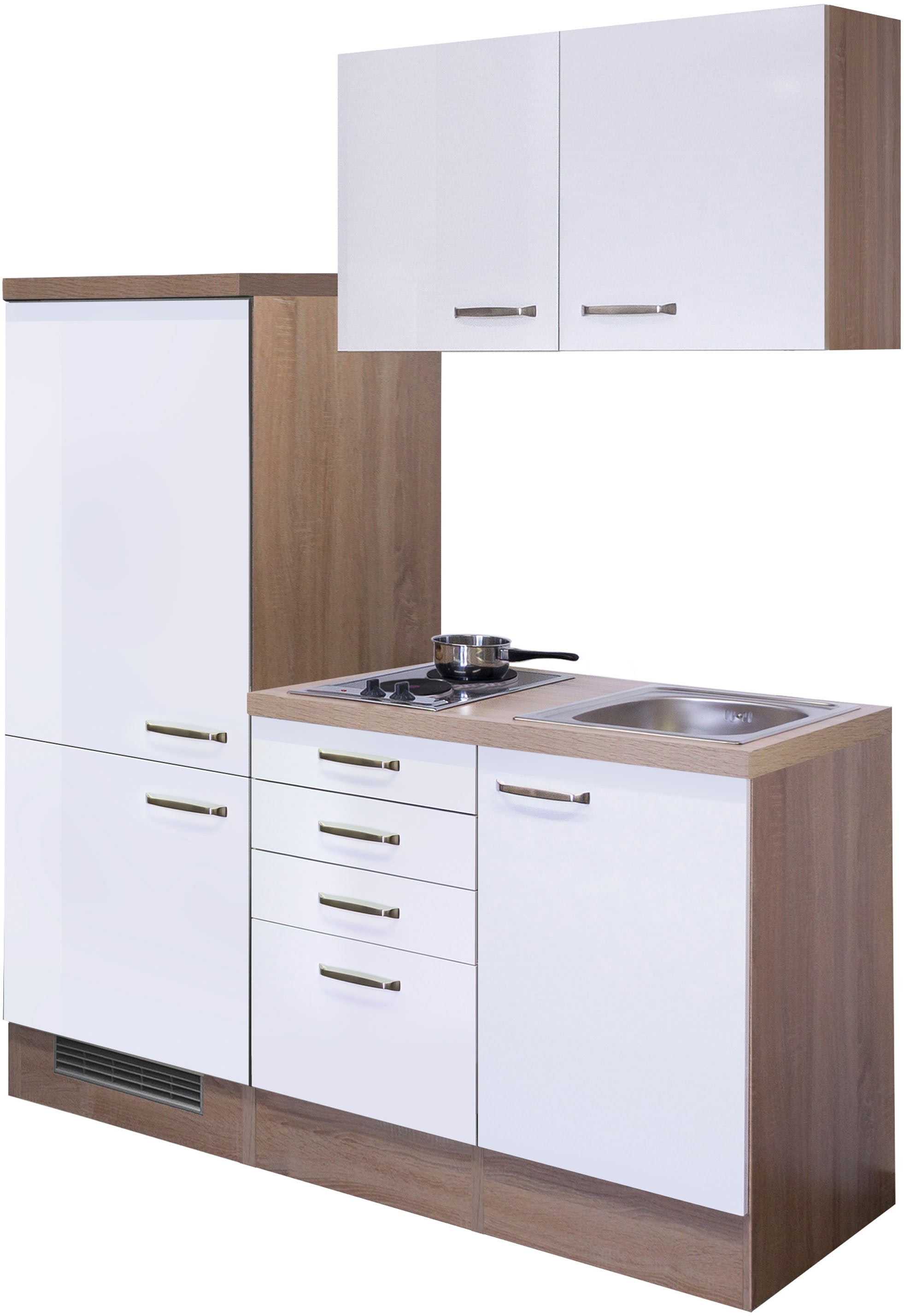 Flex-Well Pantryküche "Florenz" Gesamtbreite 160 cm, mit Einbau-Kühlschrank, Kochfeld und Spüle etc. küche: weiß, front: hochglanz weiß, korpus: sonoma eiche, arbeitsplatte: sonoma eiche - Rabatt: 44 % Einbauküchen und Küchenzeilen online kaufen