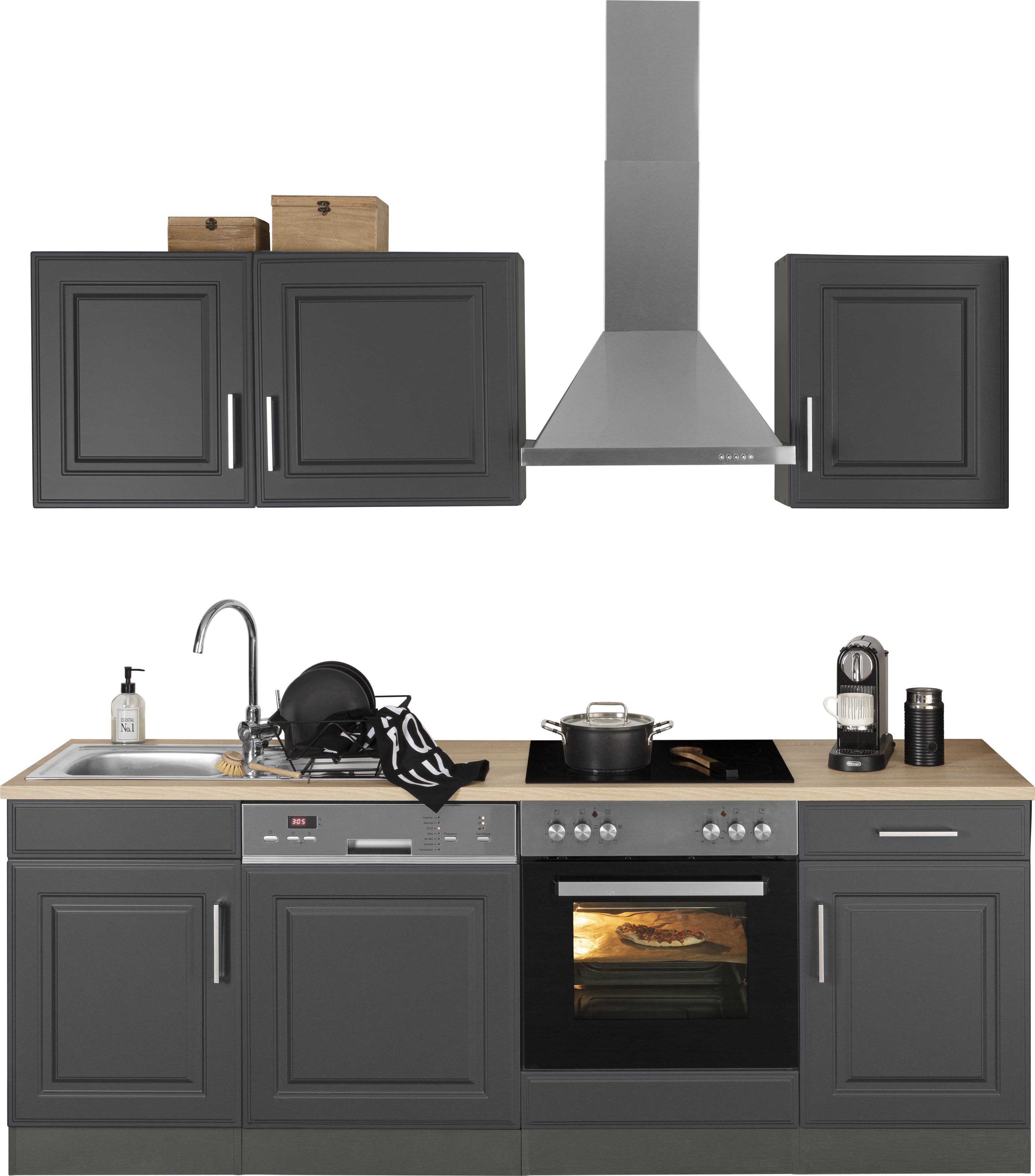 HELD MÖBEL Küchenzeile "Stockholm", Breite 220 cm, mit hochwertigen MDF Fronten im Landhaus-Stil küche: grau, grafit,, korpus: grafit, arbeitsplatte: eichefarben - B/T: 220 cm x 60 cm - Rabatt: 23 % Einbauküchen und Küchenzeilen online kaufen