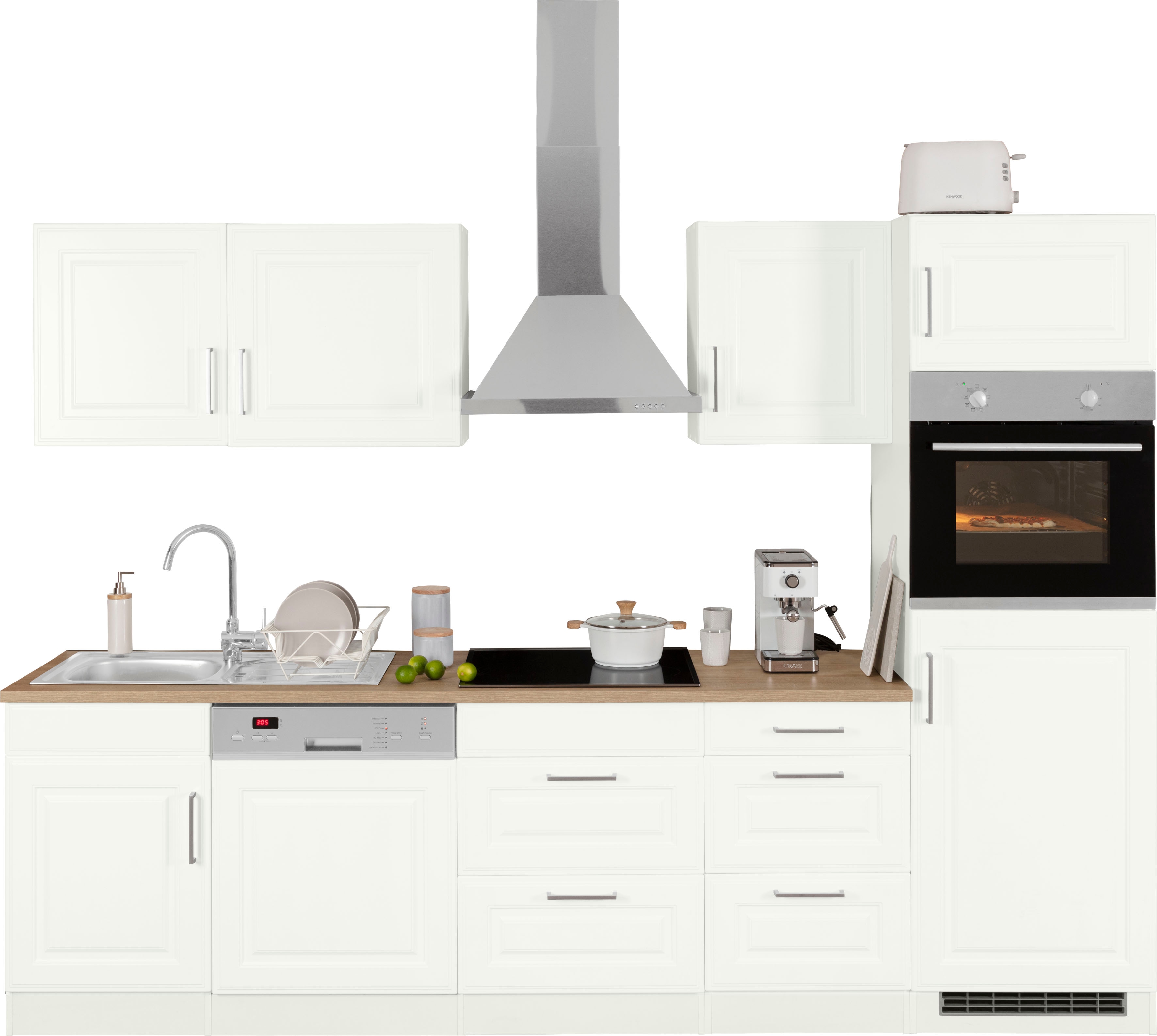 HELD MÖBEL Küchenzeile "Stockholm", Breite 280 cm, mit hochwertigen MDF Fronten im Landhaus-Stil küche: weiß, weiß,, korpus: weiß, arbeitsplatte: eichefarben - B/T: 280 cm x 60 cm, Cerankochfeld (SCHOTT) - Rabatt: 34 % Einbauküchen und Küchenzeilen online kaufen