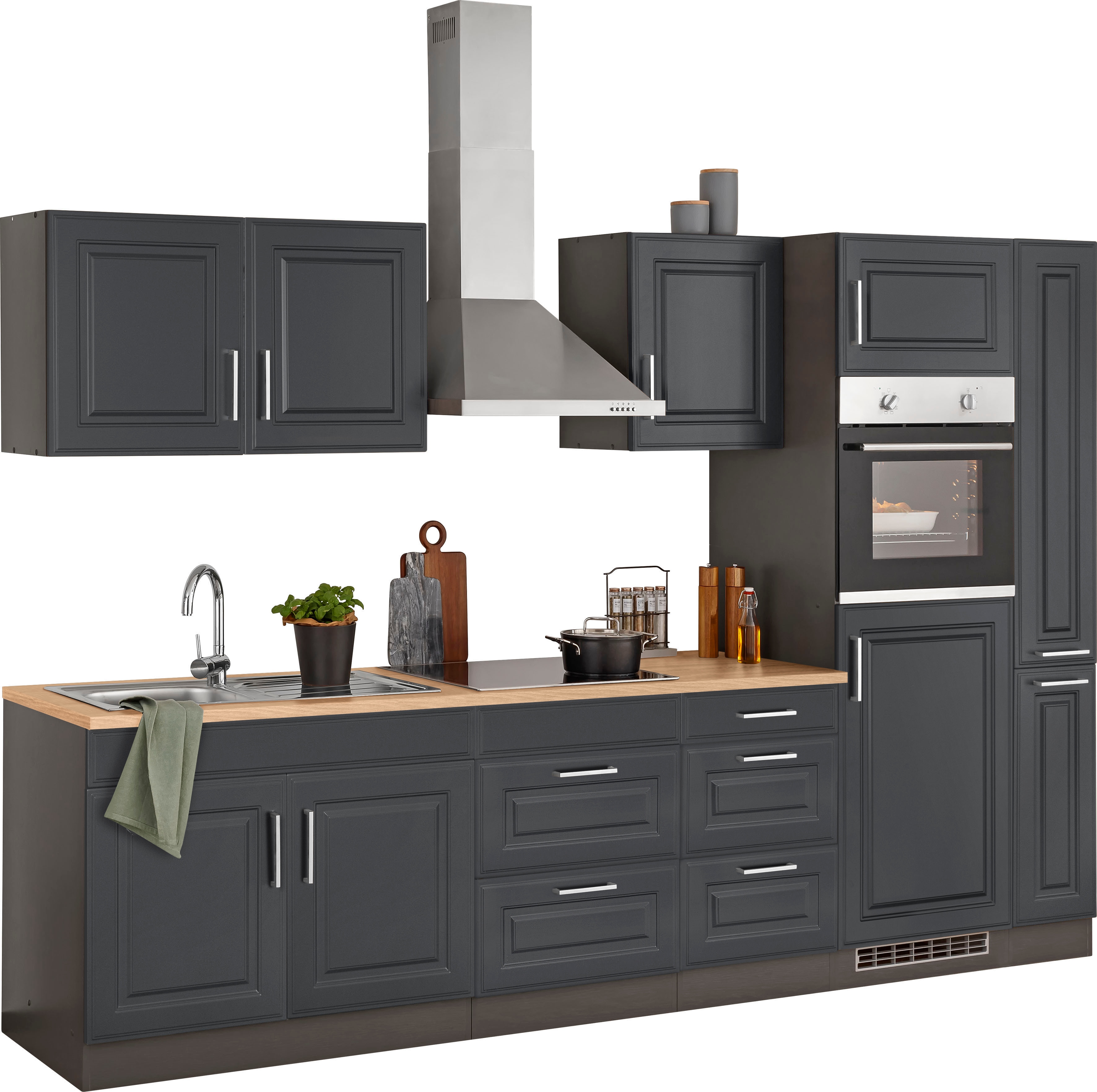 HELD MÖBEL Küchenzeile "Stockholm", Breite 300 cm, mit hochwertigen MDF Fronten im Landhaus-Stil küche: grau, grafit,, korpus: grafit, arbeitsplatte: eichefarben - B/T: 300 cm x 60 cm - Rabatt: 23 % Einbauküchen und Küchenzeilen Produktbild