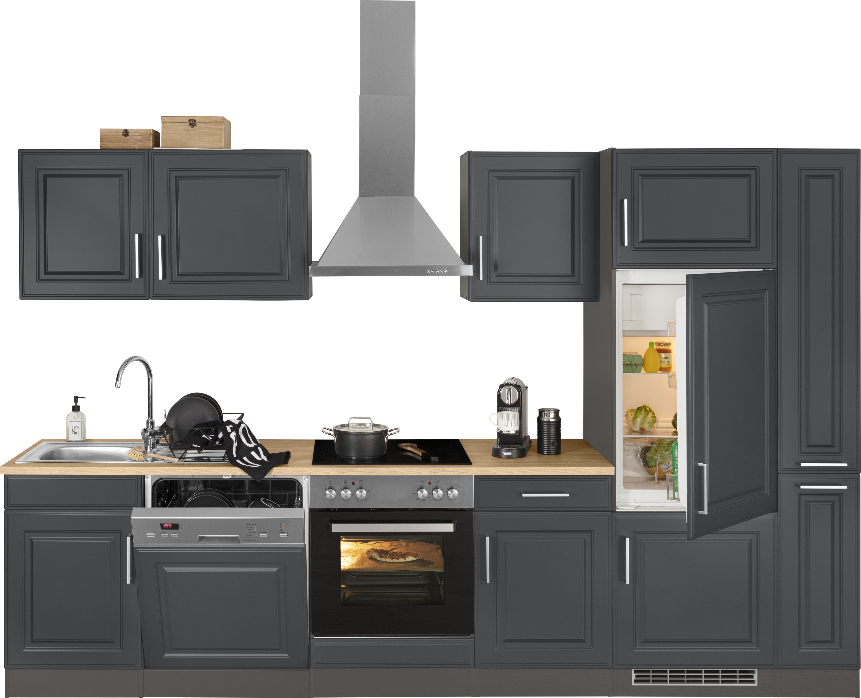 HELD MÖBEL Küchenzeile "Stockholm", Breite 310 cm, mit hochwertigen MDF Fronten im Landhaus-Stil küche: grau, grafit,, korpus: grafit, arbeitsplatte: eichefarben - B/T: 310 cm x 60 cm - Rabatt: 23 % Einbauküchen und Küchenzeilen Produktbild