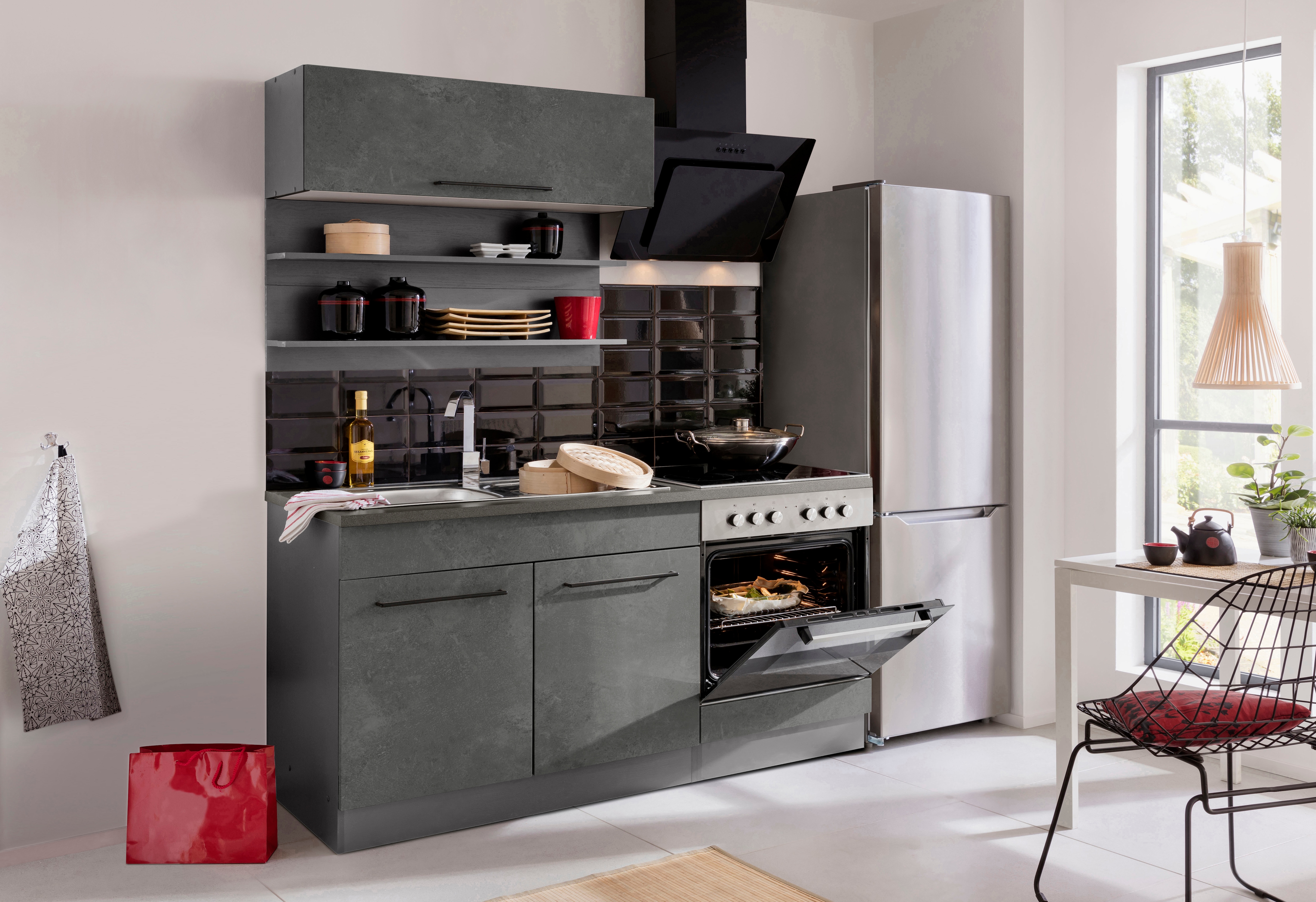 HELD MÖBEL Küchenzeile "Tulsa", Breite 160 cm, schwarze Metallgriffe, hochwertige MDF Fronten küche: betonfarben dunkel,, korpus: grafit, arbeitsplatte: anthrazit - B/T: 160 cm x 60 cm - Rabatt: 22 % Einbauküchen und Küchenzeilen Produktbild