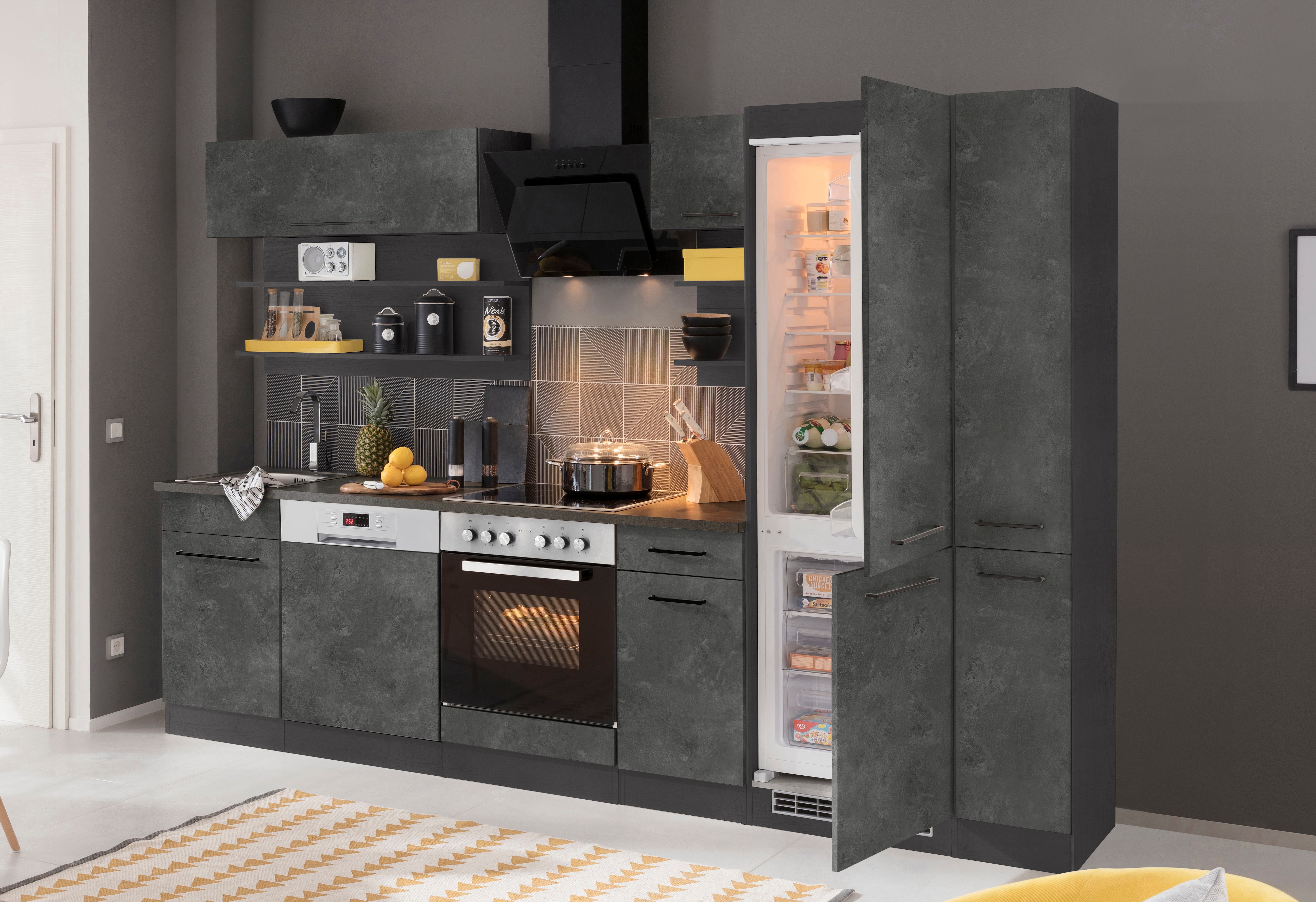HELD MÖBEL Küchenzeile "Tulsa", ohne E-Geräte, Breite 300 cm, schwarze Metallgriffe, MDF Fronten küche: betonfarben dunkel,, korpus: grafit, arbeitsplatte: anthrazit - B/T: 300 cm x 60 cm - Rabatt: 23 % Einbauküchen und Küchenzeilen Produktbild
