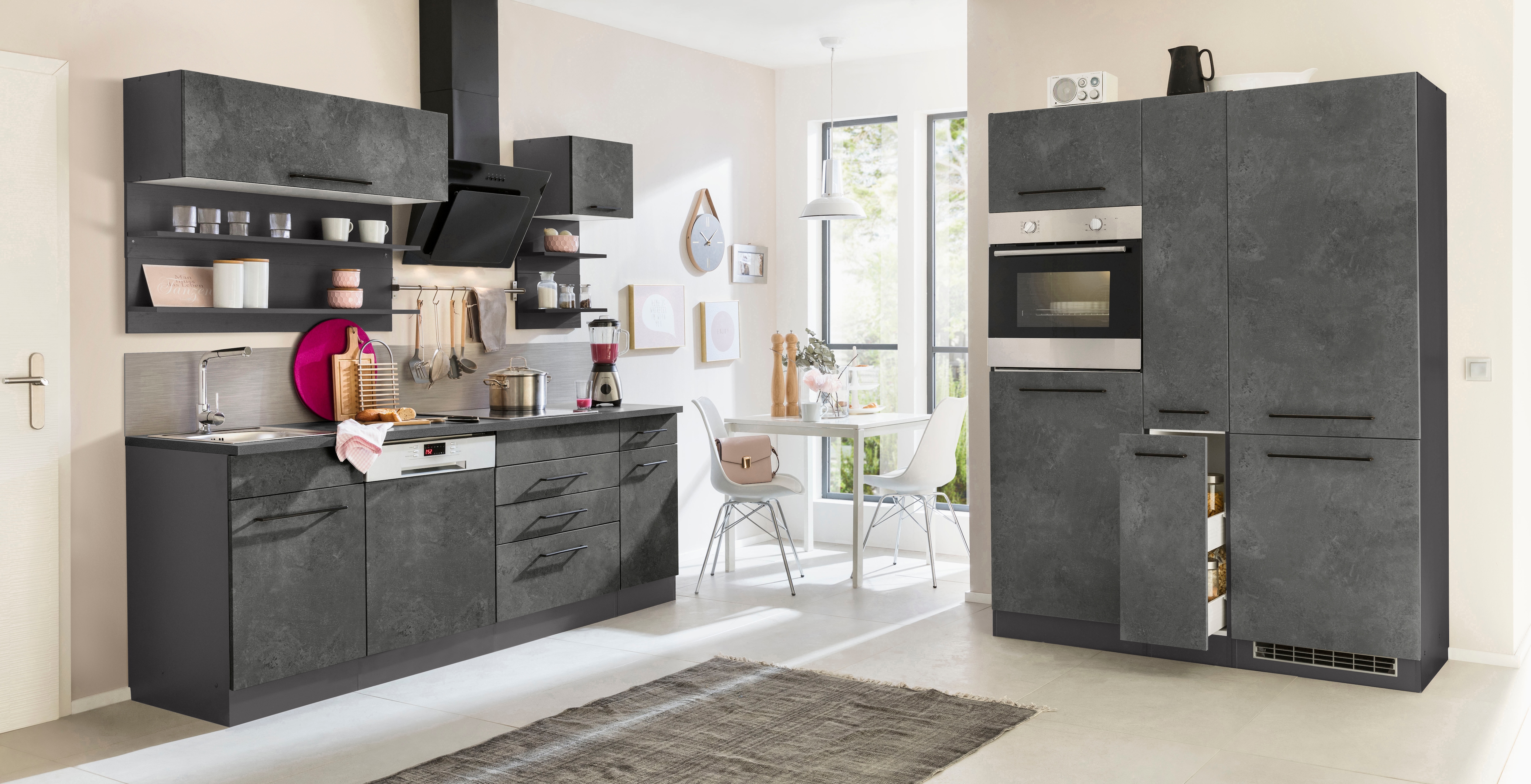 HELD MÖBEL Küchenzeile "Tulsa", ohne E-Geräte, Breite 360 cm, schwarze Metallgriffe, MDF Fronten küche: betonfarben dunkel,, korpus: grafit, arbeitsplatte: anthrazit - B/T: 360 cm x 60 cm - Rabatt: 23 % Einbauküchen und Küchenzeilen Produktbild