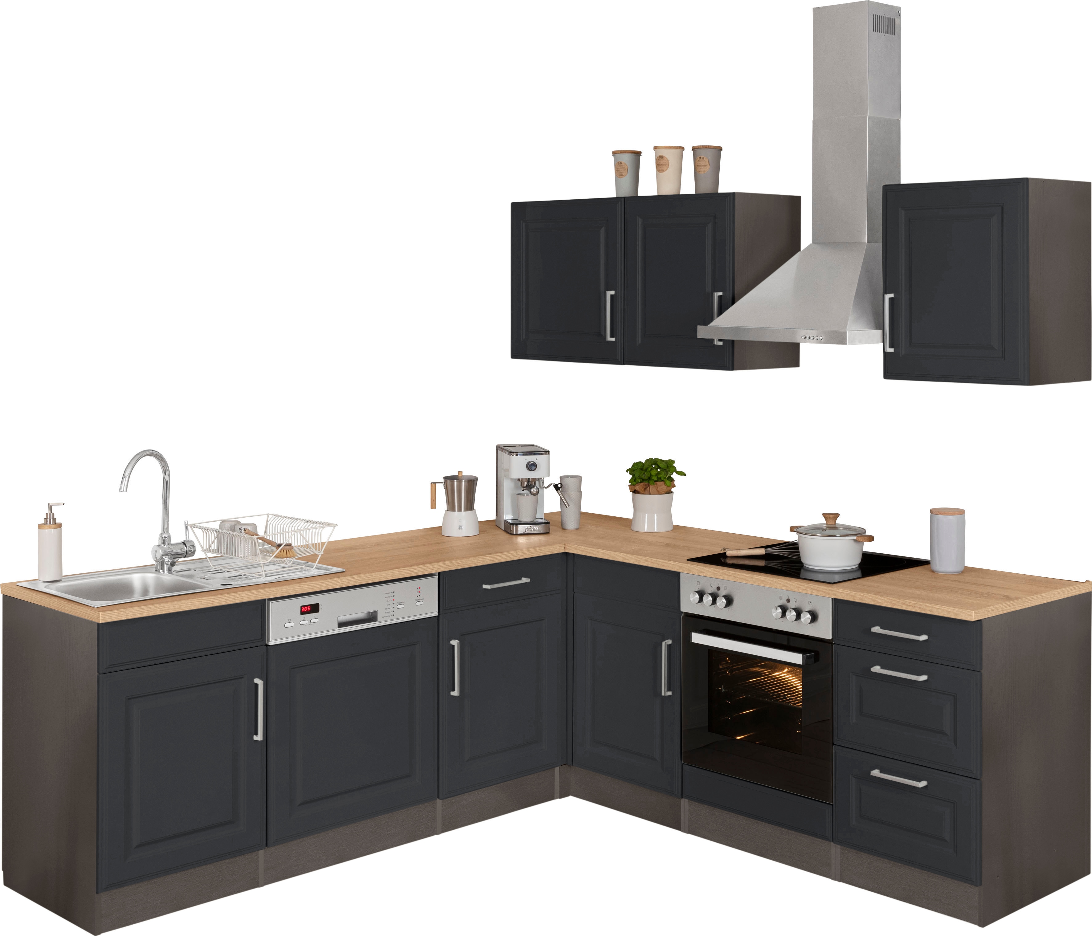 HELD MÖBEL Winkelküche "Stockholm", Stellbreite 220/220 cm, mit hochwertigen MDF Fronten im Landhaus-Stil küche: grau, grafit,, korpus: grafit, arbeitsplatte: eichefarben - B/T: 220 cm x 220 cm - Rabatt: 33 % Einbauküchen und Küchenzeilen online kaufen