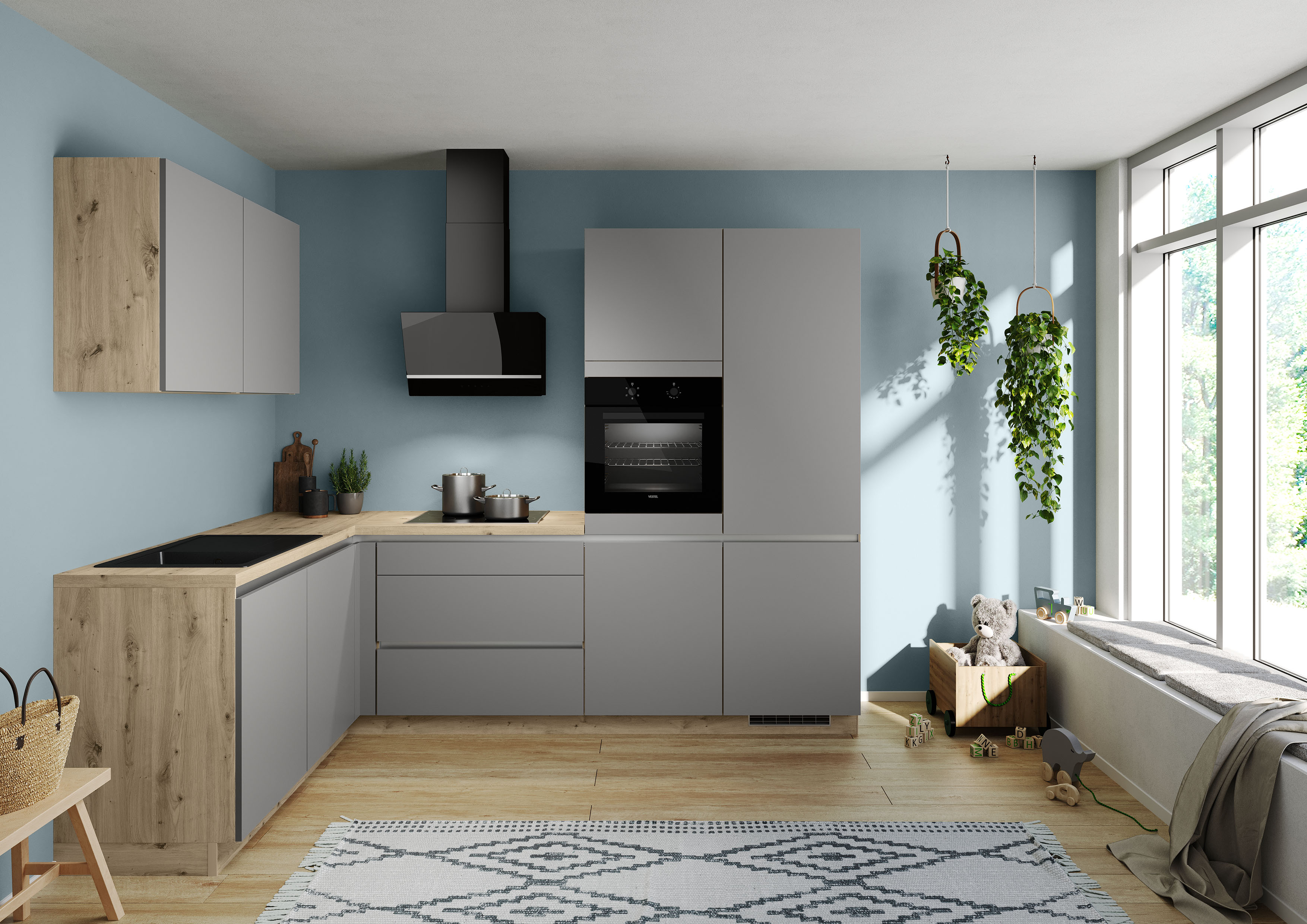 IMPULS KÜCHEN ""Dublin", Anti Fingerprint Oberfläche, Schubkästen mit Soft-Close," vormontiert, wahlweise mit E-Geräten, mit Vollauszug, Breite 460 cm küche: grau, front: schiefergrau, korpus: eiche, nachbildung hell, arbeitsplatte: eiche, nachbildung hell - Rabatt: 46 % Einbauküchen und Küchenzeilen online kaufen