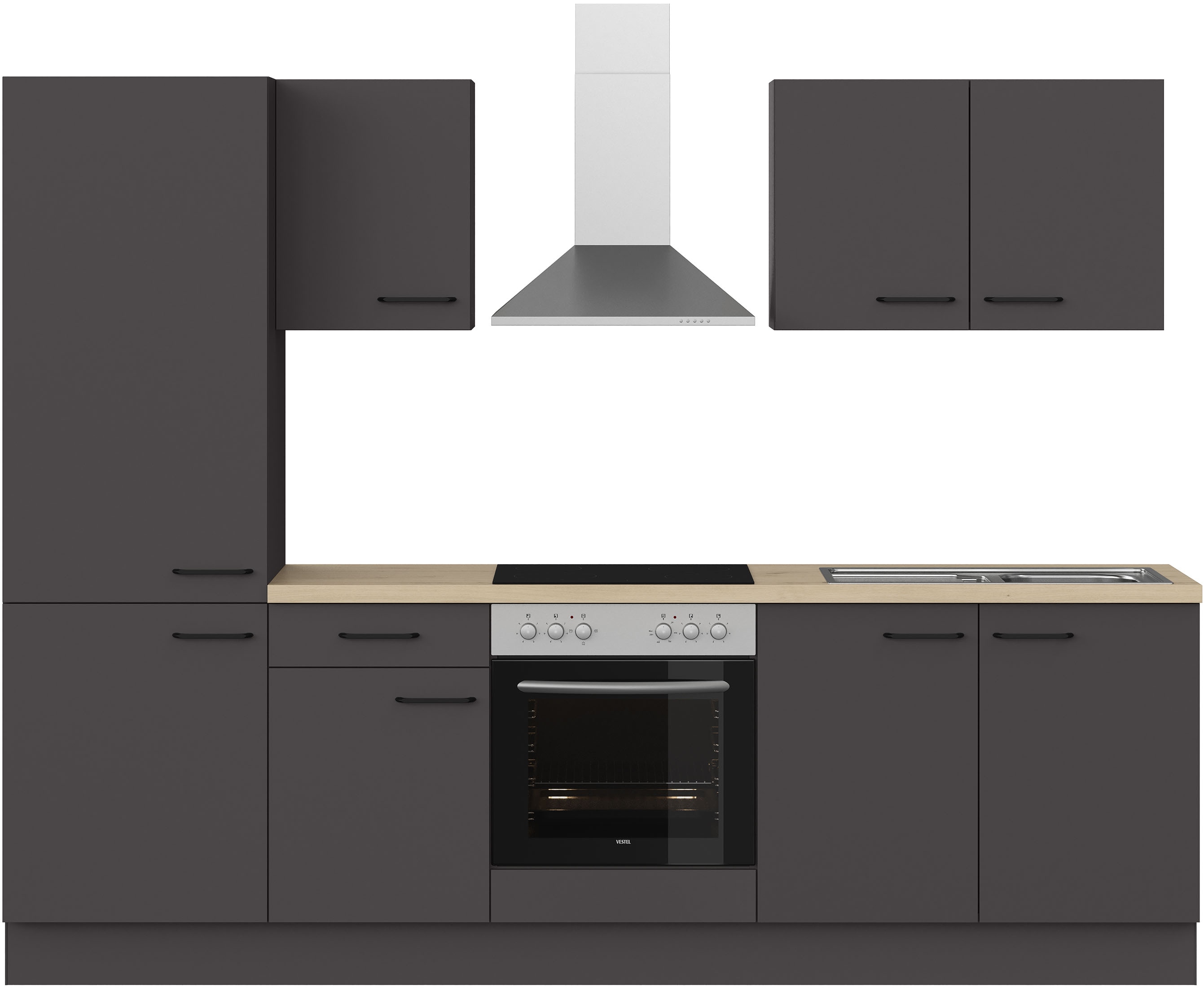 IMPULS KÜCHEN Küchenzeile ""Tirana", Ausrichtung wählbar, Schubkästen mit Soft-Close" vormontiert, wahlweise mit E-Geräten, mit Vollauszug, Breite 270 cm küche: grau, front: grafit, korpus: grafit, arbeitsplatte: eiche, nachbildung hell - Rabatt: 45 % Einbauküchen und Küchenzeilen online kaufen