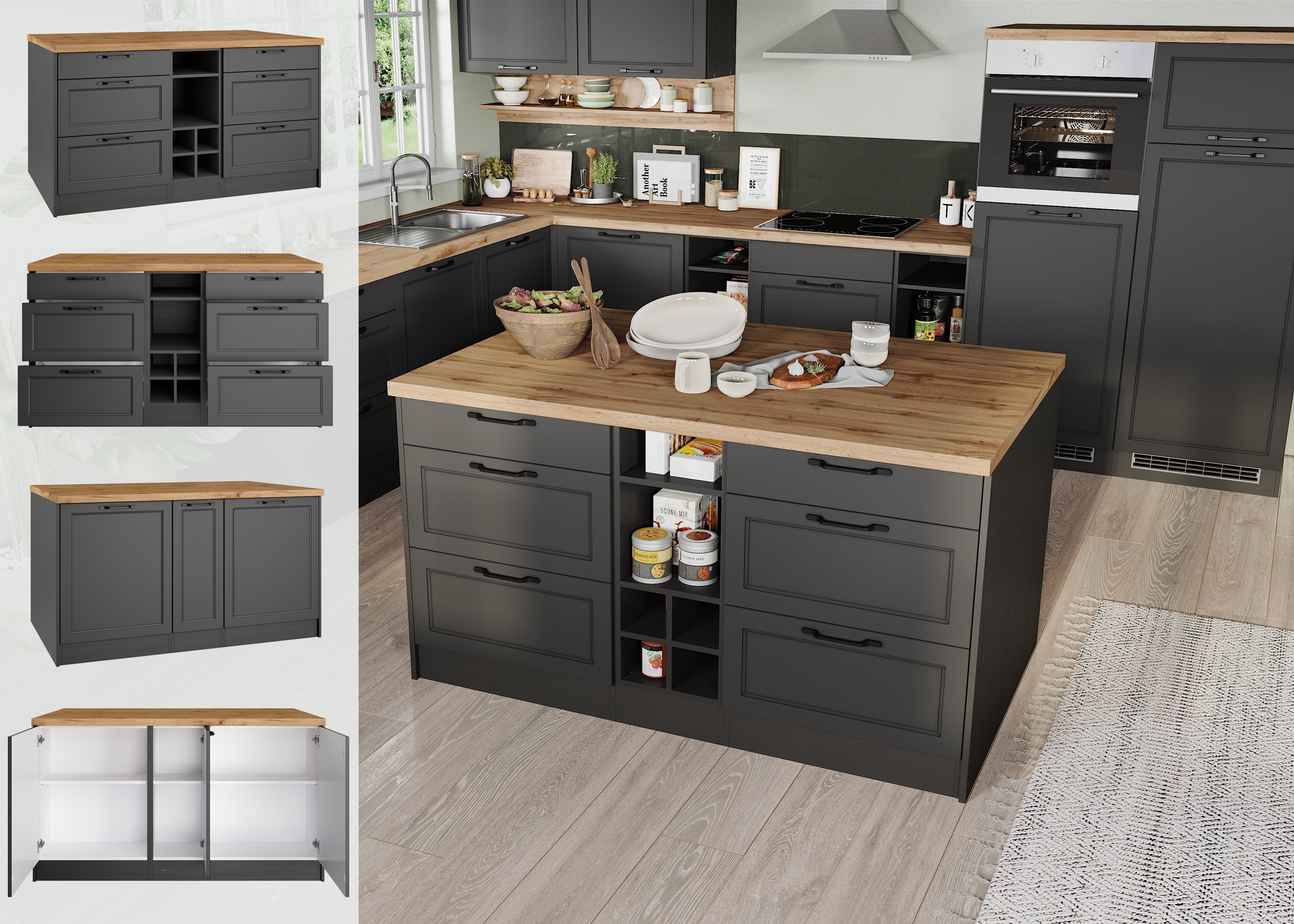 KOCHSTATION Kücheninsel "KS-Lana, Breite 153 cm" MDF-Fronten, Arbeitsplatte 38mm stark küche: grau, front: matt grau, korpus: grafitgrau, arbeitsplatte: wotaneichefarben - Rabatt: 33 % Einbauküchen und Küchenzeilen online kaufen