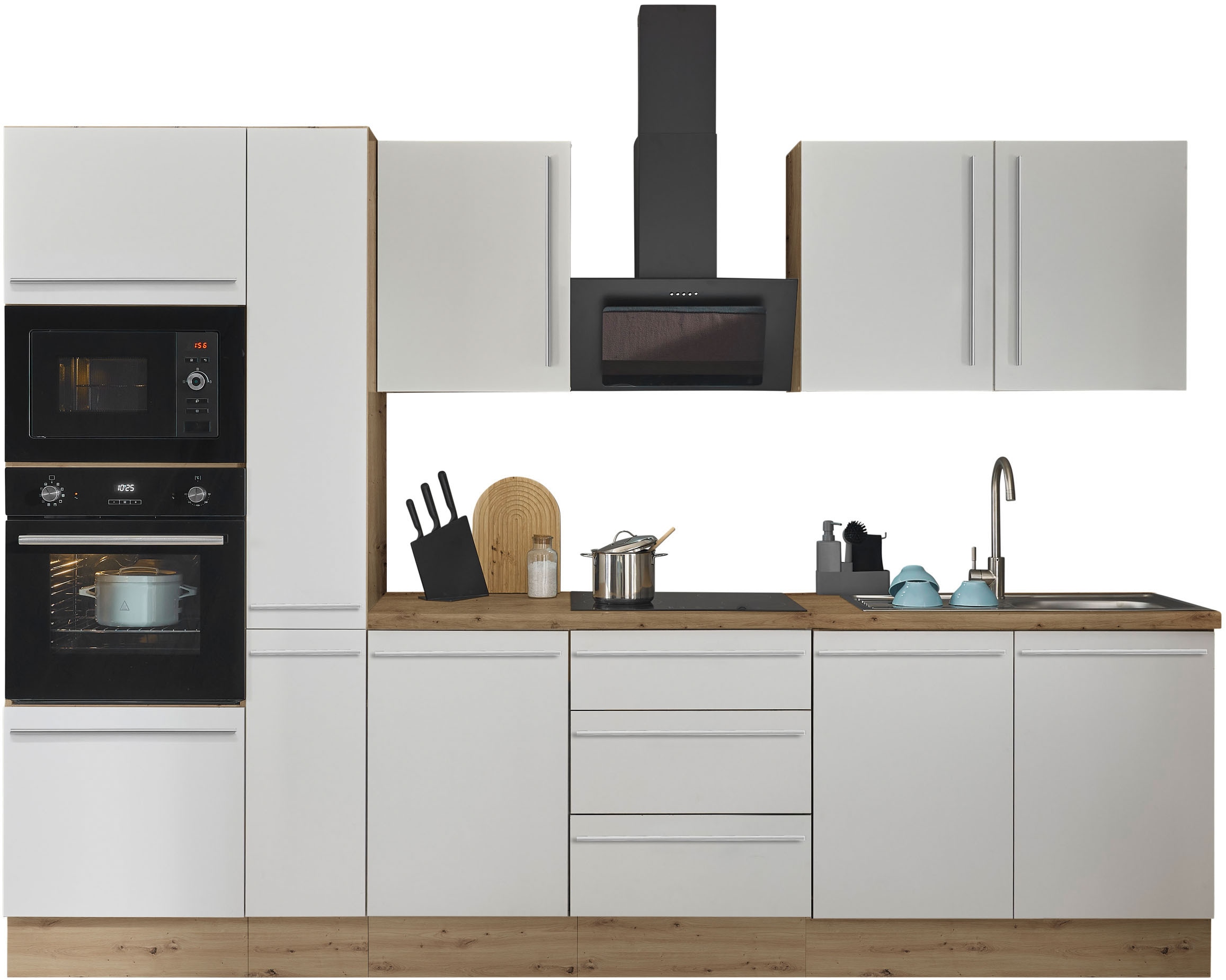 KOCHSTATION Küchenzeile "Florida" Breite 300 cm, wahlweise mit E-Geräten,Softclose für Türen/Schubkästen küche: weiß, front: weiß matt, korpus: artisan eiche, arbeitsplatte: artisan eiche - Rabatt: 38 % Einbauküchen und Küchenzeilen online kaufen