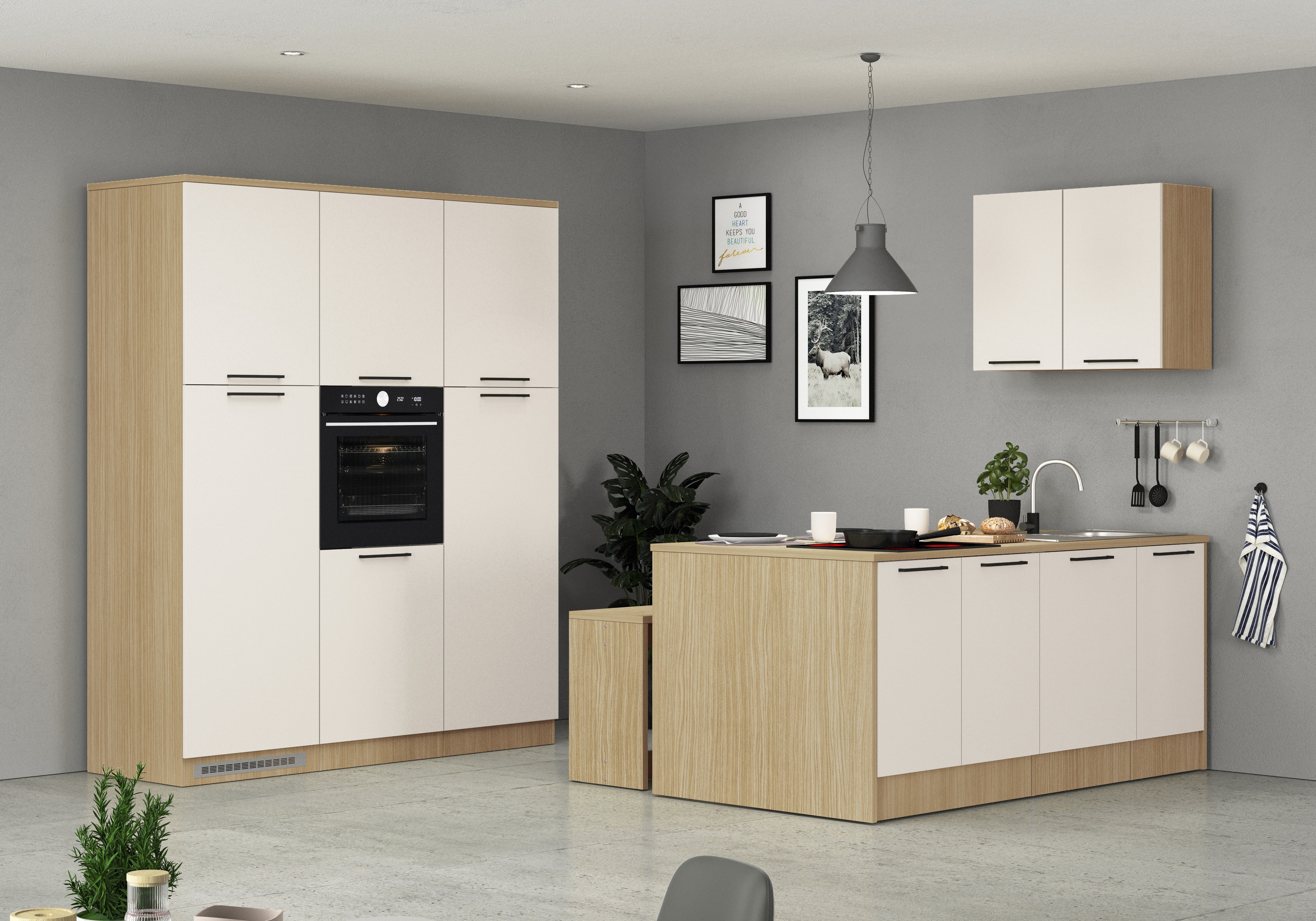 KOCHSTATION Küchenzeile "Luna, Küchenblock, Kücheninsel, Hängeschrank, Made in Italy" 3er-Set, Metallgriffe, Soft-Close-Funktion, inklusive Spüle küche: natur, front: kaschmirfarben, korpus: eiche chopinfarben, arbeitsplatte: eiche chopinfarben - Rabatt: 41 % Einbauküchen und Küchenzeilen online kaufen