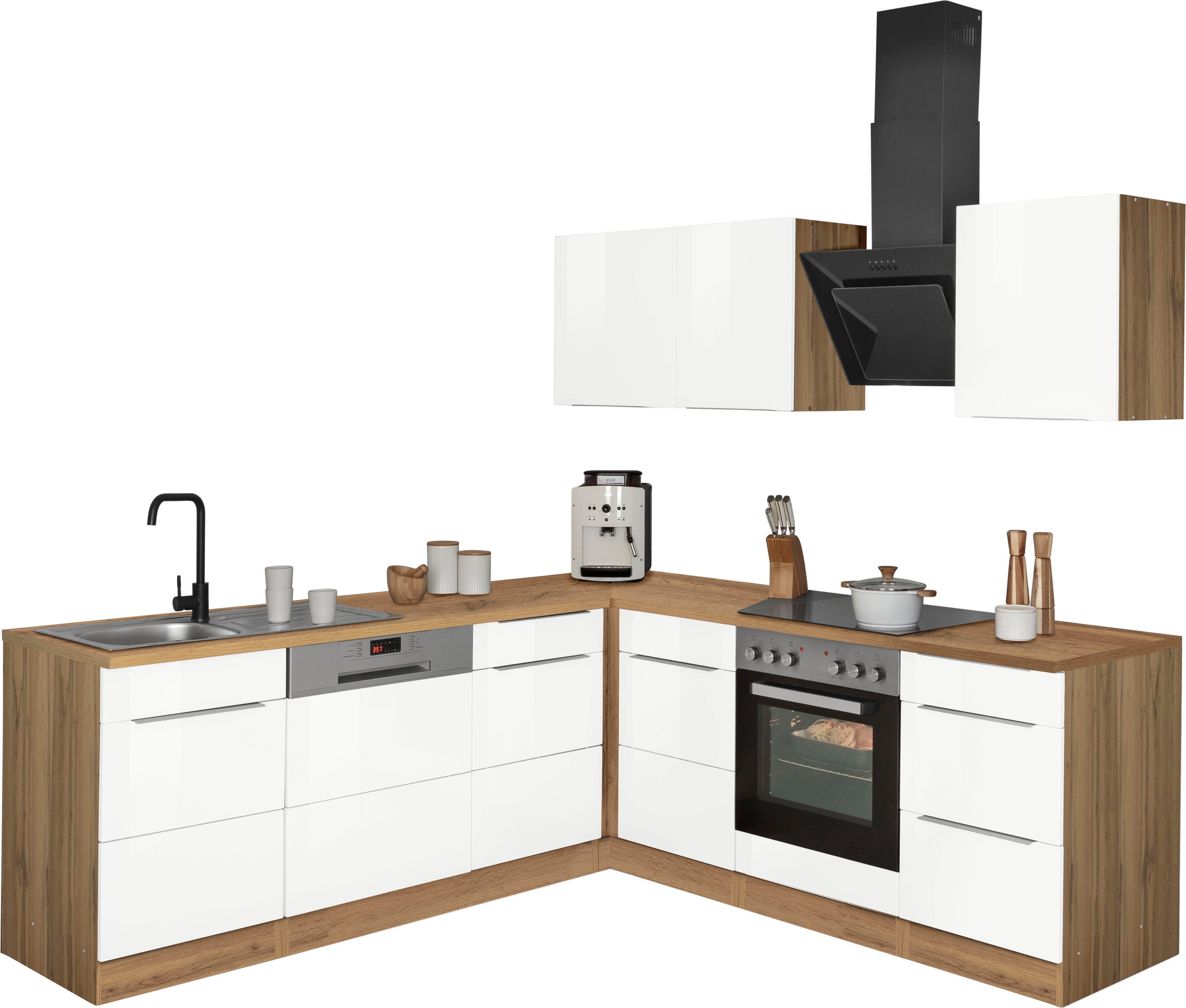 Kochstation Winkelküche "KS-Brindisi", ohne Geräte, Stellbreite 220/220 cm küche: weiß hochglanz, wotaneichefarbe,, korpus: wotaneichefarben, arbeitsplatte: eichefarben - B/T: 220 cm x 160 cm - Rabatt: 23 % Einbauküchen und Küchenzeilen online kaufen