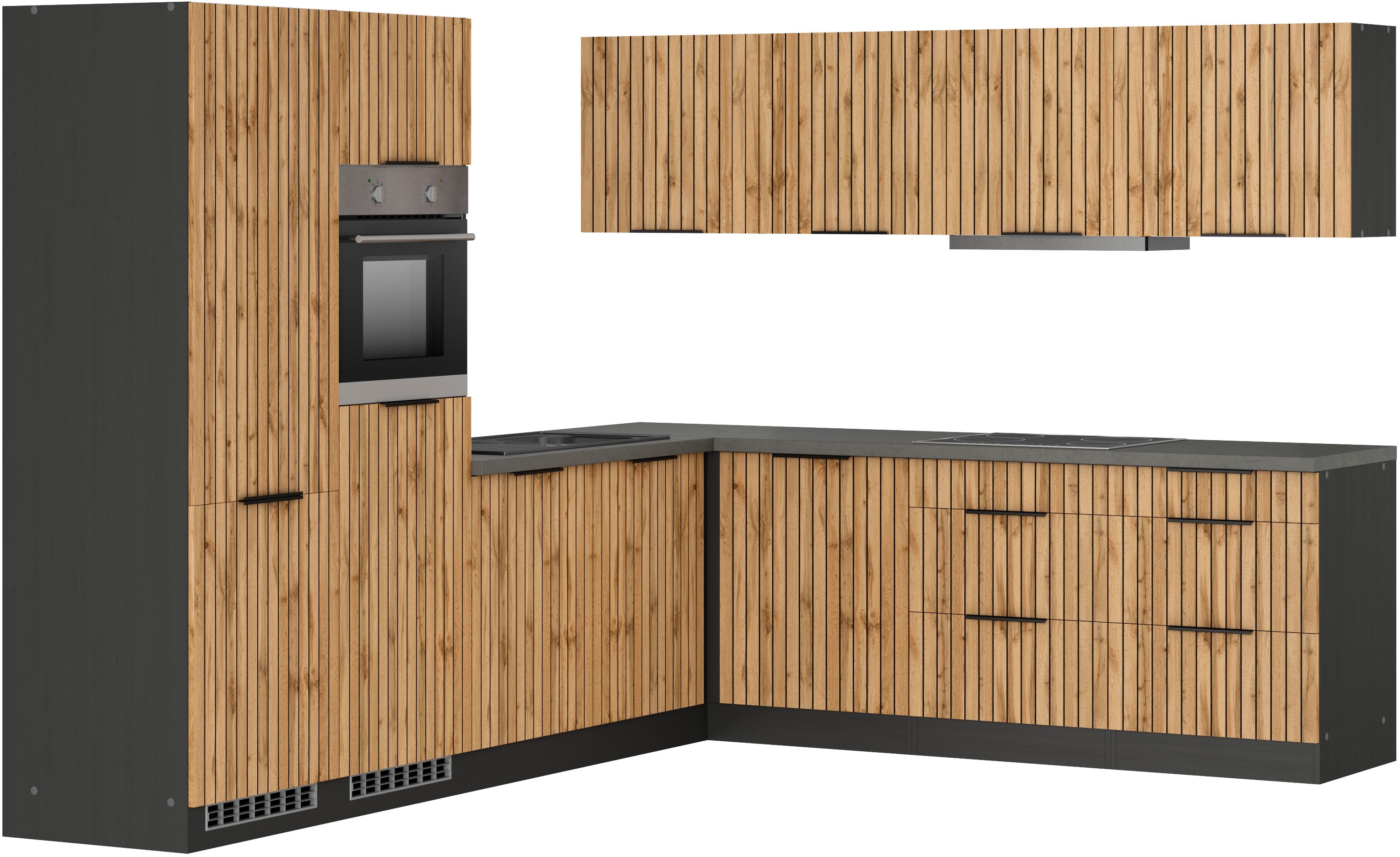 KOCHSTATION Winkelküche "KS-Lagos, Stellbreite 300/240 cm" wahlweise mit E-Geräten, Spüle edelstahl oder schwarz küche: natur, front: listrado eiche, korpus: grafitgrau, arbeitsplatte: betongrau - Rabatt: 31 % Einbauküchen und Küchenzeilen online kaufen