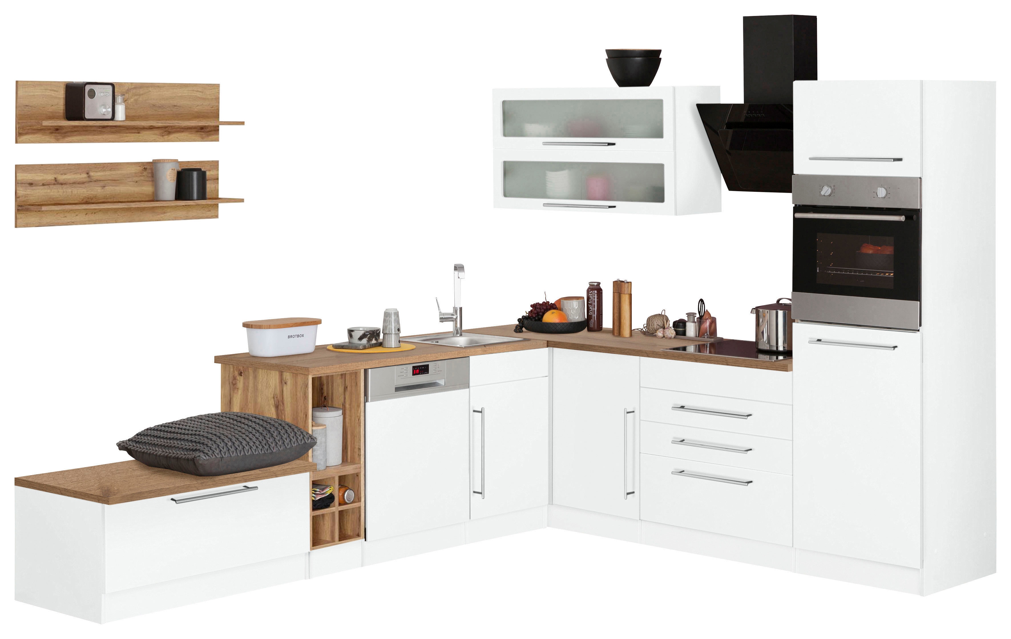 Kochstation Winkelküche "KS-Samos", ohne E-Geräte, Stellbreite 300 x 250 cm küche: weiß, wotaneichefarben, wotaneichefarben,, korpus: weiß, arbeitsplatte: wotaneichefarben - B/T: 300 cm x 250 cm - Rabatt: 24 % Einbauküchen und Küchenzeilen online kaufen
