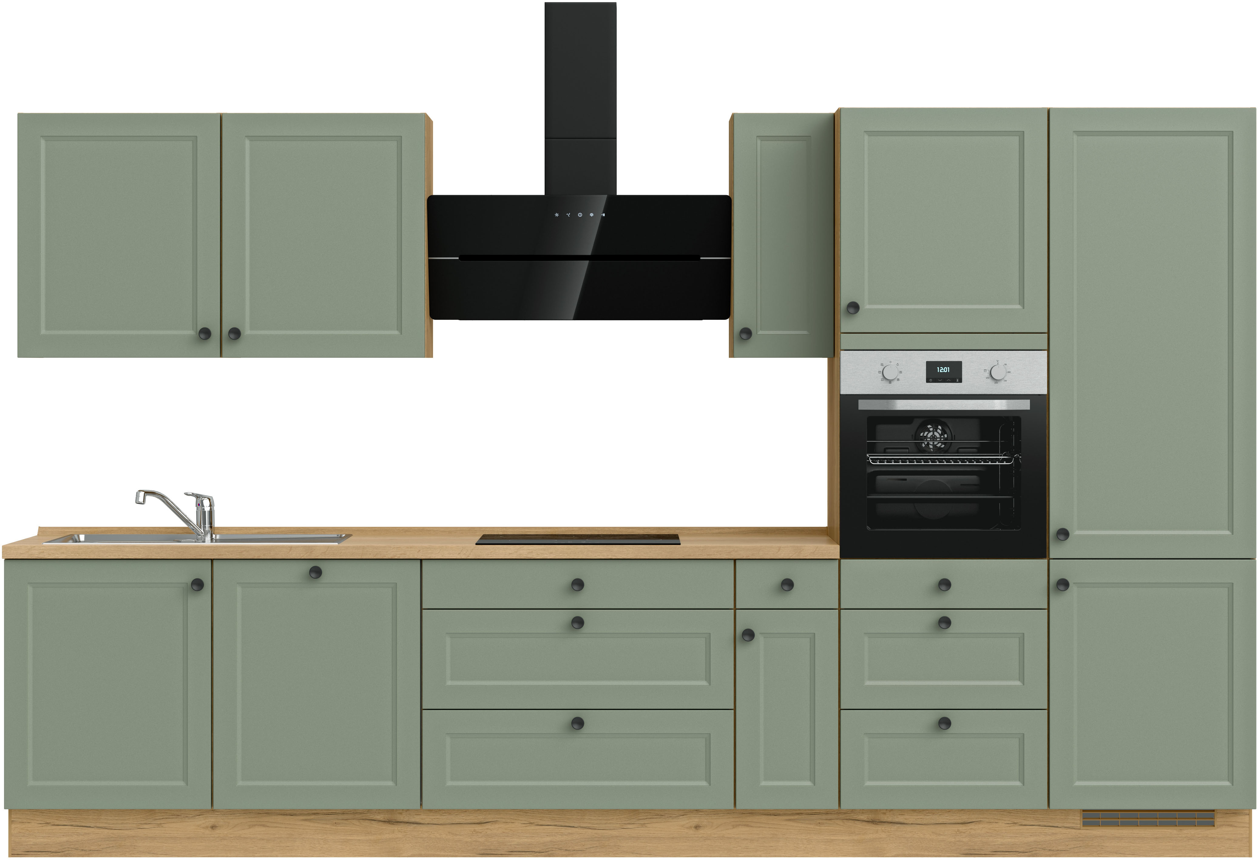 nobilia Küchenzeile ""Cascada premium"", vormontiert, Ausrichtung wählbar, Breite 360 cm, ohne E-Geräte küche: front: lacklaminat schilf, korpus und arbeitsplatte: eiche sierra nachbildung,, , arbeitsplatte: eiche sierra nachbildung - B/H/T: 360,3 cm x 216,6 cm x 60 cm, Küchenzeile, Spülenschrank links - Rabatt: 43 % Einbauküchen und Küchenzeilen online kaufen