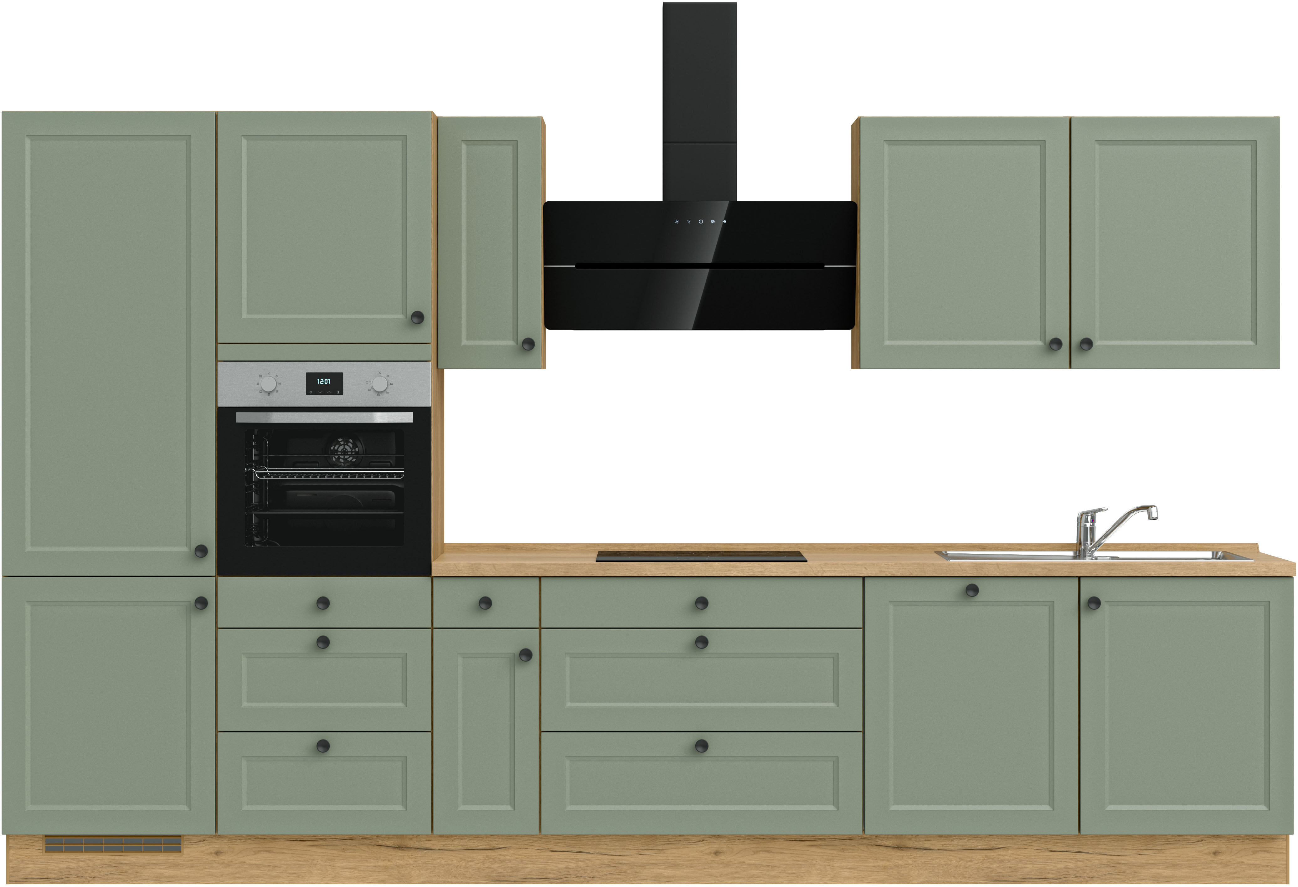 nobilia Küchenzeile „“Cascada premium““, vormontiert, Ausrichtung wählbar, Breite 360 cm, ohne E-Geräte küche: front: lacklaminat schilf, korpus und arbeitsplatte: eiche sierra nachbildung,, , arbeitsplatte: eiche sierra nachbildung – B/H/T: 360,3 cm x 216,6 cm x 60 cm, Küchenzeile, Spülenschrank rechts – Rabatt: 43 %