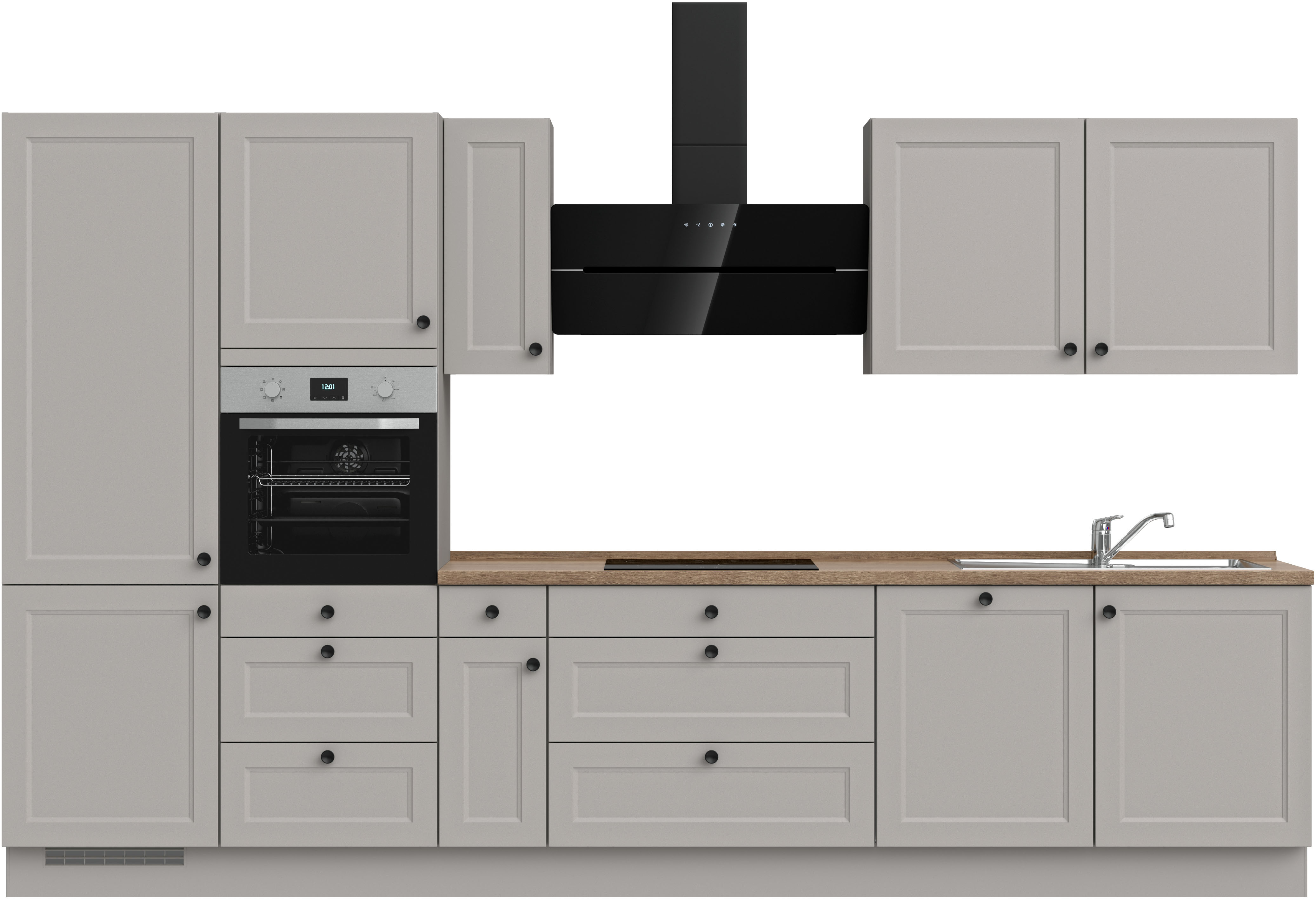 nobilia Küchenzeile ""Cascada premium"", vormontiert, Ausrichtung wählbar, Breite 360 cm, ohne E-Geräte küche: front: lacklaminat steingrau, korpus: steingrau, arbeitsplatte: eiche havanna nachbildung,, , arbeitsplatte: eiche havanna nachbildung - B/H/T: 360,3 cm x 216,6 cm x 60 cm, Küchenzeile, Spülenschrank rechts - Rabatt: 43 % Einbauküchen und Küchenzeilen online kaufen