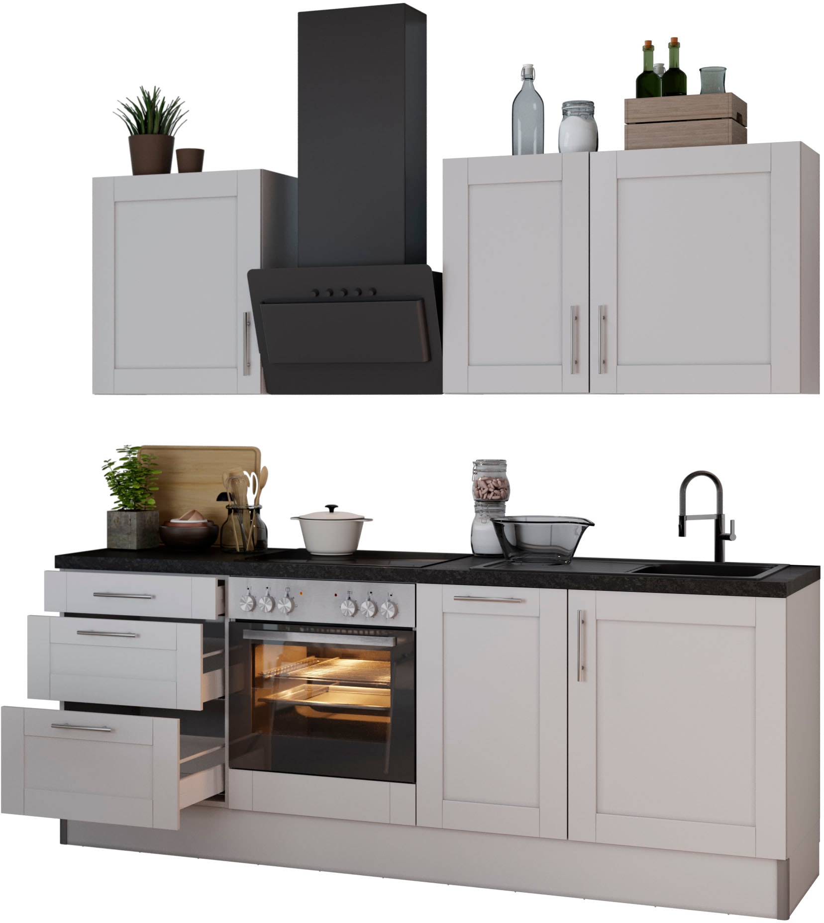 OPTIFIT Küche "Ahus" Breite 225 cm,wahlweise mit E-Geräten,MDF Fronten,Soft Close Funktion küche: grau, front: hellgrau matt, korpus: hellgrau, arbeitsplatte: eichefarben struktur - Rabatt: 21 % Einbauküchen und Küchenzeilen Produktbild