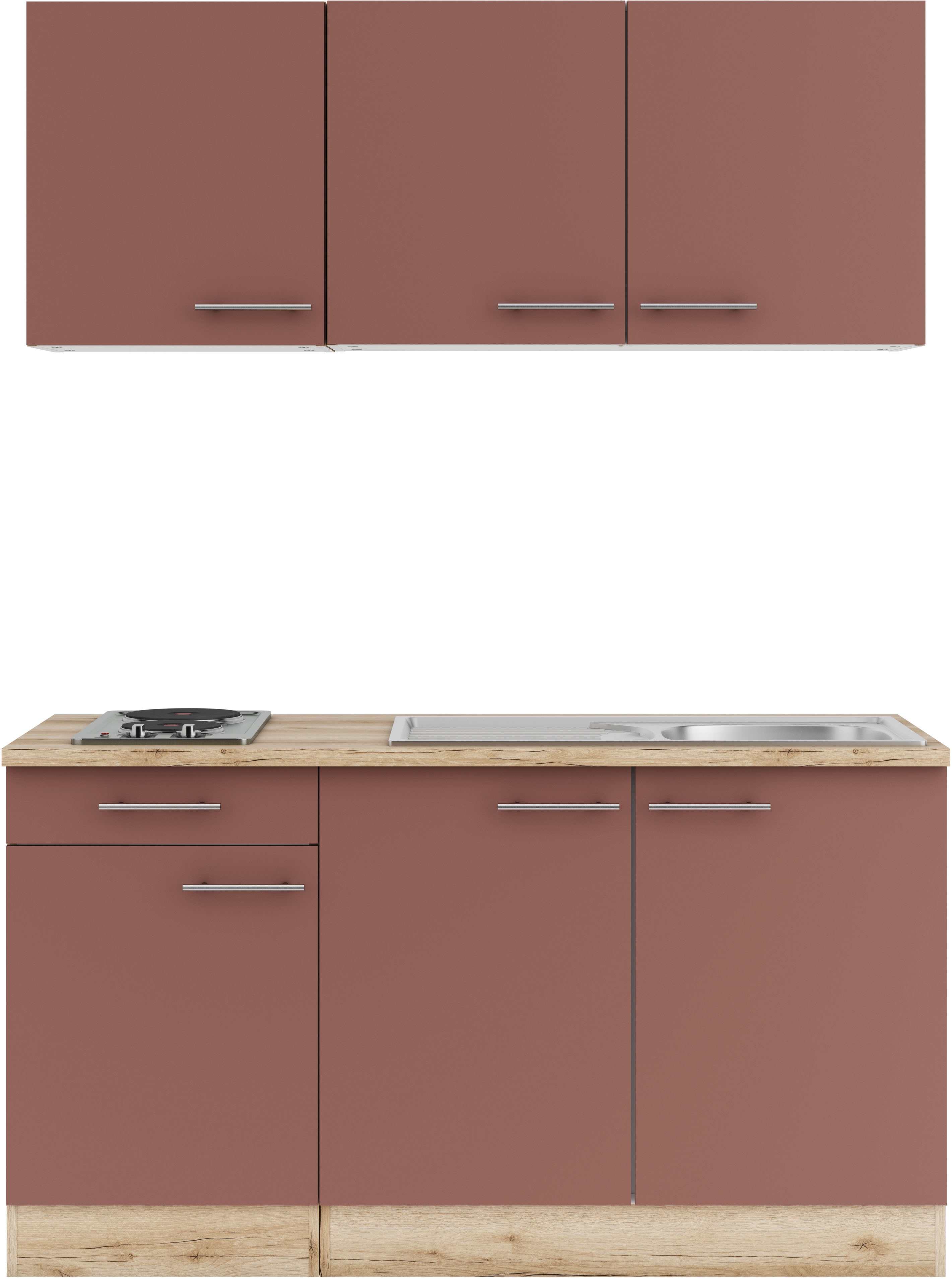 OPTIFIT Pantryküche "Bella" Breite 150 cm, wahlweise mit Kochfeld oder Unterbaukühlschrank küche: rot, front: rostrot, korpus: wildeichefarben, arbeitsplatte: wildeichefarben - Rabatt: 33 % Einbauküchen und Küchenzeilen online kaufen