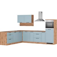 Kochstation Küche "KS-Lana", Stellbreite 240/300 cm, wahlweise mit E-Geräten küche: hellblau matt, wotaneiche, wotaneiche, front: hellblau matt, korpus: wotaneiche, arbeitsplatte: wotaneiche - B/H/T: 240 cm x 200 cm x 300 cm, mit Cerankochfeld - Rabatt: 31 % Einbauküchen und Küchenzeilen online kaufen