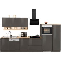 Kochstation Küche "KS-Virginia", Breite 350 cm, mit Glaskeramik-oder Induktionskochfeld küche: grau hochglanz, front: hochglanz grau, korpus: graphit, arbeitsplatte: eiche sonoma - B/T: 350 cm x 60 cm, mit Glaskeramikkochfeld - Rabatt: 33 % Einbauküchen und Küchenzeilen online kaufen