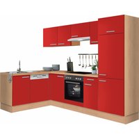 OPTIFIT Winkelküche "Odense", mit E-Geräten, Stellbreite 275 x 175 cm, mit 28 mm Arbeitsplatte küche: rot,, korpus: buchefarben, arbeitsplatte: buchefarben - B/T: 275 cm x 175 cm - Rabatt: 31 % Einbauküchen und Küchenzeilen online kaufen
