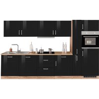 HELD MÖBEL Küchenzeile "Tinnum", mit E-Geräten, Breite 330 cm küche: schwarz hochglanz,, korpus: wotaneichefarben, arbeitsplatte: wotaneichefarben - B/T: 330 cm x 60 cm, ohne Induktion - Rabatt: 33 % Einbauküchen und Küchenzeilen online kaufen