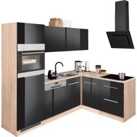 Kochstation Winkelküche "KS-Brindisi", mit E-Geräten, Stellbreite 230/170 cm küche: schwarz hochglanz, eichefarben,, korpus: eichefarben, arbeitsplatte: eichefarben - B/T: 230 cm x 170 cm, Glaskeramikkochfeld - Rabatt: 34 % Einbauküchen und Küchenzeilen online kaufen