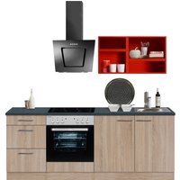 OPTIFIT Küchenzeile "Mini", mit E-Geräten, Breite 210 cm küche: eichefarben, rot, anthrazit,, korpus: eichefarben, arbeitsplatte: anthrazit - B/T: 210 cm x 60 cm - Rabatt: 32 % Einbauküchen und Küchenzeilen online kaufen