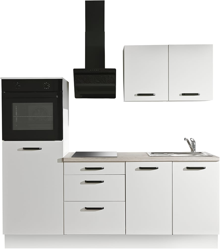 wiho Küchen Küchenzeile "Compact: Kleines Format, große Ausstattung, optional mit E-Geräten" Variante ohne Kühlschrank, Breite 210 cm küche: weiß, front: weiß, korpus: weiß, arbeitsplatte: eiche san remo - Rabatt: 36 % Einbauküchen und Küchenzeilen online kaufen