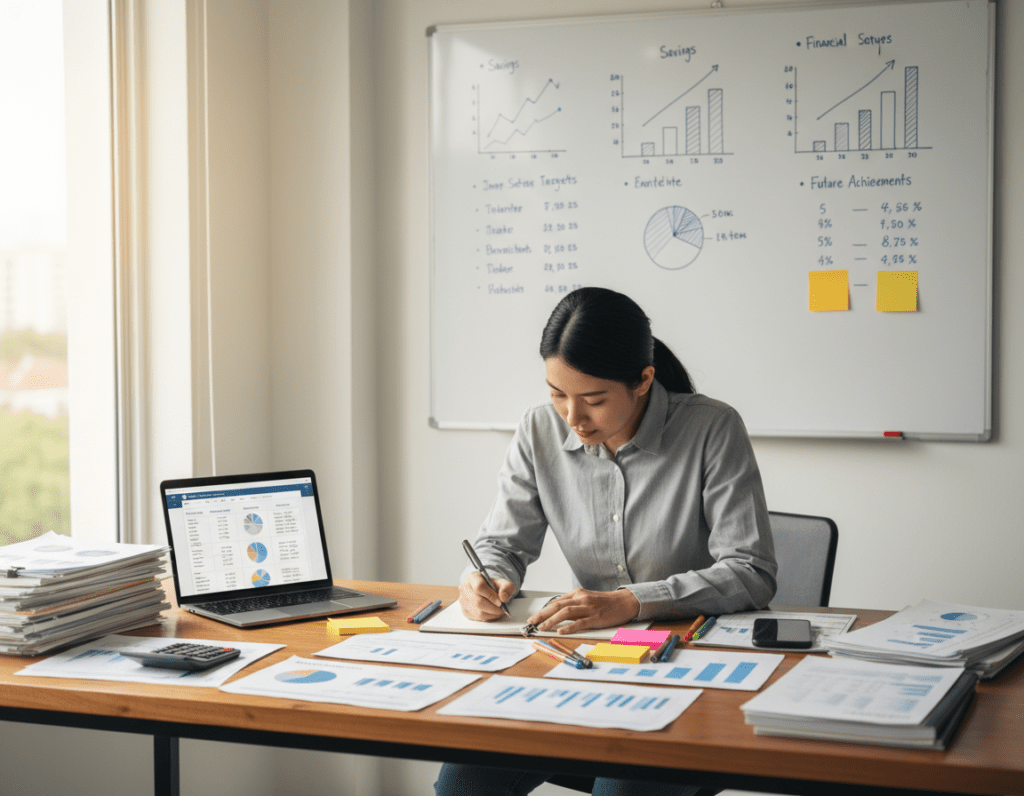 A bright, organized office space with a large wooden desk in the foreground cluttered with financial documents, a calculator, and a laptop displaying budgeting software. In the middle, a focused individual in smart casual attire is actively planning savings goals, writing on a notepad with colorful pens and sticky notes. Behind them, a large whiteboard hangs on the wall filled with neatly arranged graphs and charts depicting savings progress and financial milestones. Soft, natural light streams in through a window, creating a warm, inviting atmosphere. The scene captures a sense of determination and clarity, emphasizing the importance of defining and consistently pursuing savings goals in personal finance management. A bright, organized office space with a large wooden desk in the foreground cluttered with financial documents, a calculator, and a laptop displaying budgeting software. In the middle, a focused individual in smart casual attire is actively planning savings goals, writing on a notepad with colorful pens and sticky notes. Behind them, a large whiteboard hangs on the wall filled with neatly arranged graphs and charts depicting savings progress and financial milestones. Soft, natural light streams in through a window, creating a warm, inviting atmosphere. The scene captures a sense of determination and clarity, emphasizing the importance of defining and consistently pursuing savings goals in personal finance management.