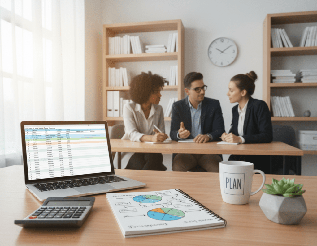 A modern and inviting workspace scene illustrating the process of creating a household budget step by step. In the foreground, a well-organized wooden desk features a laptop displaying a budgeting spreadsheet alongside a notepad filled with handwritten notes and colorful charts. A calculator, a coffee mug, and a small potted plant add a touch of warmth. In the middle ground, a diverse group of three people in professional attire engage in discussion and collaboration over the budget materials, showing determination and focus. The background is a softly lit room with a window letting in natural light, casting a pleasant glow, complete with shelves holding financial books and a clock on the wall. The overall atmosphere is productive and motivational, symbolizing financial empowerment and planning. A modern and inviting workspace scene illustrating the process of creating a household budget step by step. In the foreground, a well-organized wooden desk features a laptop displaying a budgeting spreadsheet alongside a notepad filled with handwritten notes and colorful charts. A calculator, a coffee mug, and a small potted plant add a touch of warmth. In the middle ground, a diverse group of three people in professional attire engage in discussion and collaboration over the budget materials, showing determination and focus. The background is a softly lit room with a window letting in natural light, casting a pleasant glow, complete with shelves holding financial books and a clock on the wall. The overall atmosphere is productive and motivational, symbolizing financial empowerment and planning.