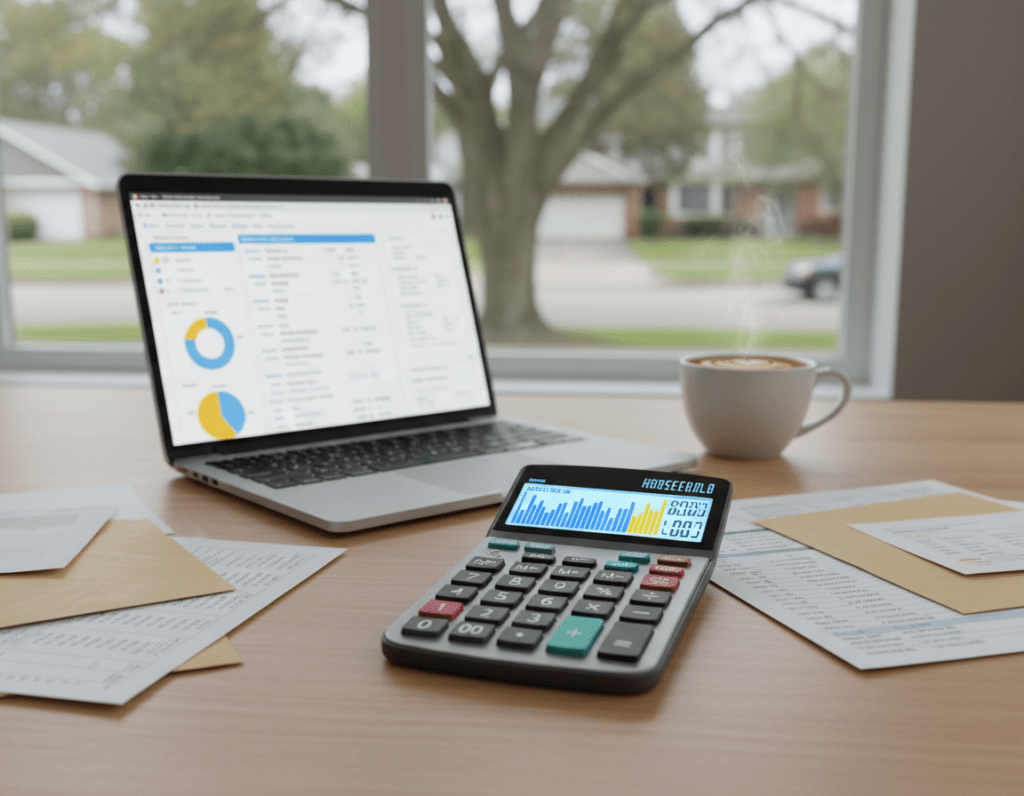 A modern digital household calculator placed on a sleek wooden desk, surrounded by financial documents, a laptop open to a budgeting software, and a cozy cup of coffee. In the foreground, the calculator features a bright, illuminated display showing graphs and budget figures in vibrant colors. In the middle, soft ambient lighting casts a warm atmosphere, enhancing the sense of organization and control over finances. The background includes a window revealing a serene neighborhood scene, with tree branches swaying gently, symbolizing stability. This composition conveys a calm and productive mood, focusing on effective financial management without any distractions or text overlays. A modern digital household calculator placed on a sleek wooden desk, surrounded by financial documents, a laptop open to a budgeting software, and a cozy cup of coffee. In the foreground, the calculator features a bright, illuminated display showing graphs and budget figures in vibrant colors. In the middle, soft ambient lighting casts a warm atmosphere, enhancing the sense of organization and control over finances. The background includes a window revealing a serene neighborhood scene, with tree branches swaying gently, symbolizing stability. This composition conveys a calm and productive mood, focusing on effective financial management without any distractions or text overlays.