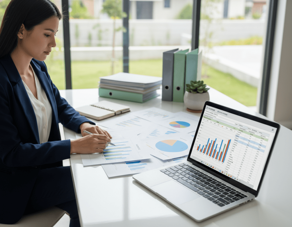 A modern home office scene, featuring a professional woman in modest formal attire, sitting at a sleek desk filled with colorful charts and spreadsheets. In the foreground, an open laptop displays a detailed budget spreadsheet with clearly categorized income sources. The middle ground showcases various neatly organized financial documents and a potted plant for a touch of warmth. In the background, a large window lets in soft, natural light, creating a bright and inviting atmosphere. The overall mood is focused and productive, reflecting financial organization and planning. The perspective should capture the desk area at a slightly elevated angle for depth, emphasizing a clean and organized workspace. A modern home office scene, featuring a professional woman in modest formal attire, sitting at a sleek desk filled with colorful charts and spreadsheets. In the foreground, an open laptop displays a detailed budget spreadsheet with clearly categorized income sources. The middle ground showcases various neatly organized financial documents and a potted plant for a touch of warmth. In the background, a large window lets in soft, natural light, creating a bright and inviting atmosphere. The overall mood is focused and productive, reflecting financial organization and planning. The perspective should capture the desk area at a slightly elevated angle for depth, emphasizing a clean and organized workspace.