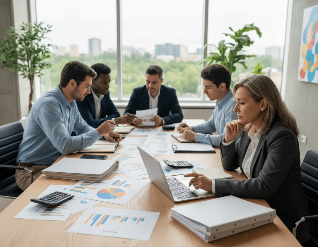 A professional setting where a diverse group of people is engaged in planning household finances. In the foreground, a middle-aged woman in formal business attire is analyzing a financial spreadsheet on a laptop, while a young man in a smart casual outfit takes notes on a notepad. In the middle, a large conference table is scattered with colorful charts, calculators, and financial documents. The background features a bright, modern office with large windows allowing soft, natural light to flood in, creating a warm and inviting atmosphere. The composition captures a sense of collaboration and focus, with a hint of optimism about financial planning strategies. The scene is framed with a slight depth of field, emphasizing the group while keeping the office ambiance vibrant yet professional. A professional setting where a diverse group of people is engaged in planning household finances. In the foreground, a middle-aged woman in formal business attire is analyzing a financial spreadsheet on a laptop, while a young man in a smart casual outfit takes notes on a notepad. In the middle, a large conference table is scattered with colorful charts, calculators, and financial documents. The background features a bright, modern office with large windows allowing soft, natural light to flood in, creating a warm and inviting atmosphere. The composition captures a sense of collaboration and focus, with a hint of optimism about financial planning strategies. The scene is framed with a slight depth of field, emphasizing the group while keeping the office ambiance vibrant yet professional.