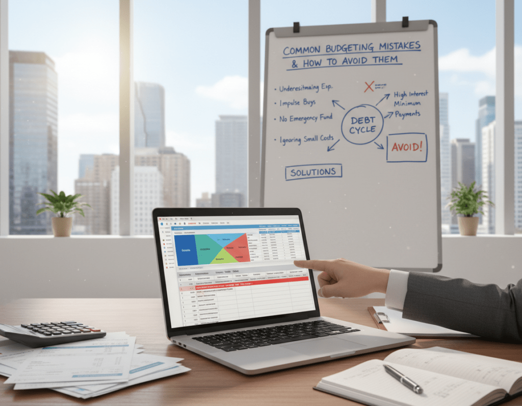 A professional workspace scene focusing on budget planning. In the foreground, a neatly organized desk with a laptop displaying a colorful budget spreadsheet, surrounded by financial documents and a calculator. A hand in business attire is pointing at the spreadsheet, indicating a specific area, symbolizing careful analysis and avoiding common budgeting mistakes. In the middle ground, a large whiteboard filled with diagrams and notes about financial pitfalls, emphasizing the theme of error avoidance in budget planning. The background features a bright, modern office with natural light streaming through the windows, creating a warm and focused atmosphere. The overall mood is one of professionalism and clarity, encouraging effective financial management. A professional workspace scene focusing on budget planning. In the foreground, a neatly organized desk with a laptop displaying a colorful budget spreadsheet, surrounded by financial documents and a calculator. A hand in business attire is pointing at the spreadsheet, indicating a specific area, symbolizing careful analysis and avoiding common budgeting mistakes. In the middle ground, a large whiteboard filled with diagrams and notes about financial pitfalls, emphasizing the theme of error avoidance in budget planning. The background features a bright, modern office with natural light streaming through the windows, creating a warm and focused atmosphere. The overall mood is one of professionalism and clarity, encouraging effective financial management.