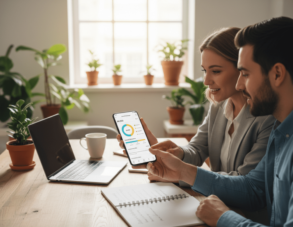 A sleek, modern interface of a free budget planner app displayed on a smartphone, demonstrating an organized layout with colorful graphs and budgeting categories. In the foreground, two professional individuals, a man and a woman, are closely examining the app, dressed in smart casual attire, with impressed expressions on their faces. In the middle, a table with a laptop, notepad, and coffee cup can be seen, suggesting an informal yet focused finance planning meeting. The background features a bright and airy room filled with indoor plants and soft natural light streaming through a window, creating an inviting and productive atmosphere. The image captures a sense of empowerment and clarity in financial management, highlighting the ease and accessibility of budgeting tools. A sleek, modern interface of a free budget planner app displayed on a smartphone, demonstrating an organized layout with colorful graphs and budgeting categories. In the foreground, two professional individuals, a man and a woman, are closely examining the app, dressed in smart casual attire, with impressed expressions on their faces. In the middle, a table with a laptop, notepad, and coffee cup can be seen, suggesting an informal yet focused finance planning meeting. The background features a bright and airy room filled with indoor plants and soft natural light streaming through a window, creating an inviting and productive atmosphere. The image captures a sense of empowerment and clarity in financial management, highlighting the ease and accessibility of budgeting tools.
