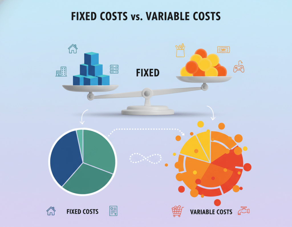 A visually striking infographic illustrating the concepts of fixed costs and variable costs. In the foreground, include two distinct pie charts or bar graphs: one representing fixed costs with stable, consistent colors like dark blue and green, and the other representing variable costs, illustrated with dynamic, vibrant colors like orange and yellow. In the middle ground, display a balanced scale that emphasizes the contrast between the two types of costs, surrounded by icons representing typical expenses like rent, utilities, groceries, and entertainment. The background should be a soft gradient, suggesting a calm and analytical atmosphere, with ample light illuminating the charts for clarity. Use a straight-on perspective to enhance the focus on the data. A visually striking infographic illustrating the concepts of fixed costs and variable costs. In the foreground, include two distinct pie charts or bar graphs: one representing fixed costs with stable, consistent colors like dark blue and green, and the other representing variable costs, illustrated with dynamic, vibrant colors like orange and yellow. In the middle ground, display a balanced scale that emphasizes the contrast between the two types of costs, surrounded by icons representing typical expenses like rent, utilities, groceries, and entertainment. The background should be a soft gradient, suggesting a calm and analytical atmosphere, with ample light illuminating the charts for clarity. Use a straight-on perspective to enhance the focus on the data.