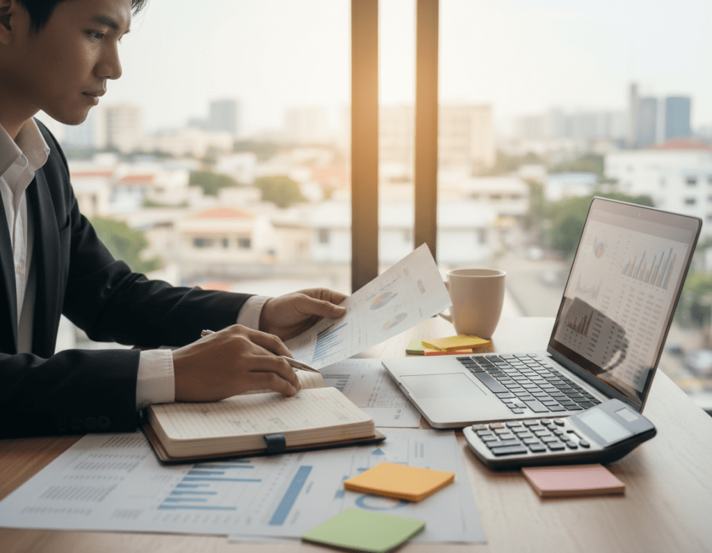 A well-organized desk scene depicting a person analyzing financial documents and budgeting tools. In the foreground, a focused individual in professional business attire is reviewing charts, graphs, and spreadsheets on a laptop, with a calculator nearby. The middle ground reveals a planner filled with neatly written notes, colorful sticky notes, and a cup of coffee, adding a cozy yet productive atmosphere. In the background, a large window lets in natural light, illuminating the workspace with a warm glow and showing a glimpse of a cityscape outside. The mood is one of concentration and efficiency, capturing the essence of keeping track of expenses and maintaining financial control. A well-organized desk scene depicting a person analyzing financial documents and budgeting tools. In the foreground, a focused individual in professional business attire is reviewing charts, graphs, and spreadsheets on a laptop, with a calculator nearby. The middle ground reveals a planner filled with neatly written notes, colorful sticky notes, and a cup of coffee, adding a cozy yet productive atmosphere. In the background, a large window lets in natural light, illuminating the workspace with a warm glow and showing a glimpse of a cityscape outside. The mood is one of concentration and efficiency, capturing the essence of keeping track of expenses and maintaining financial control.